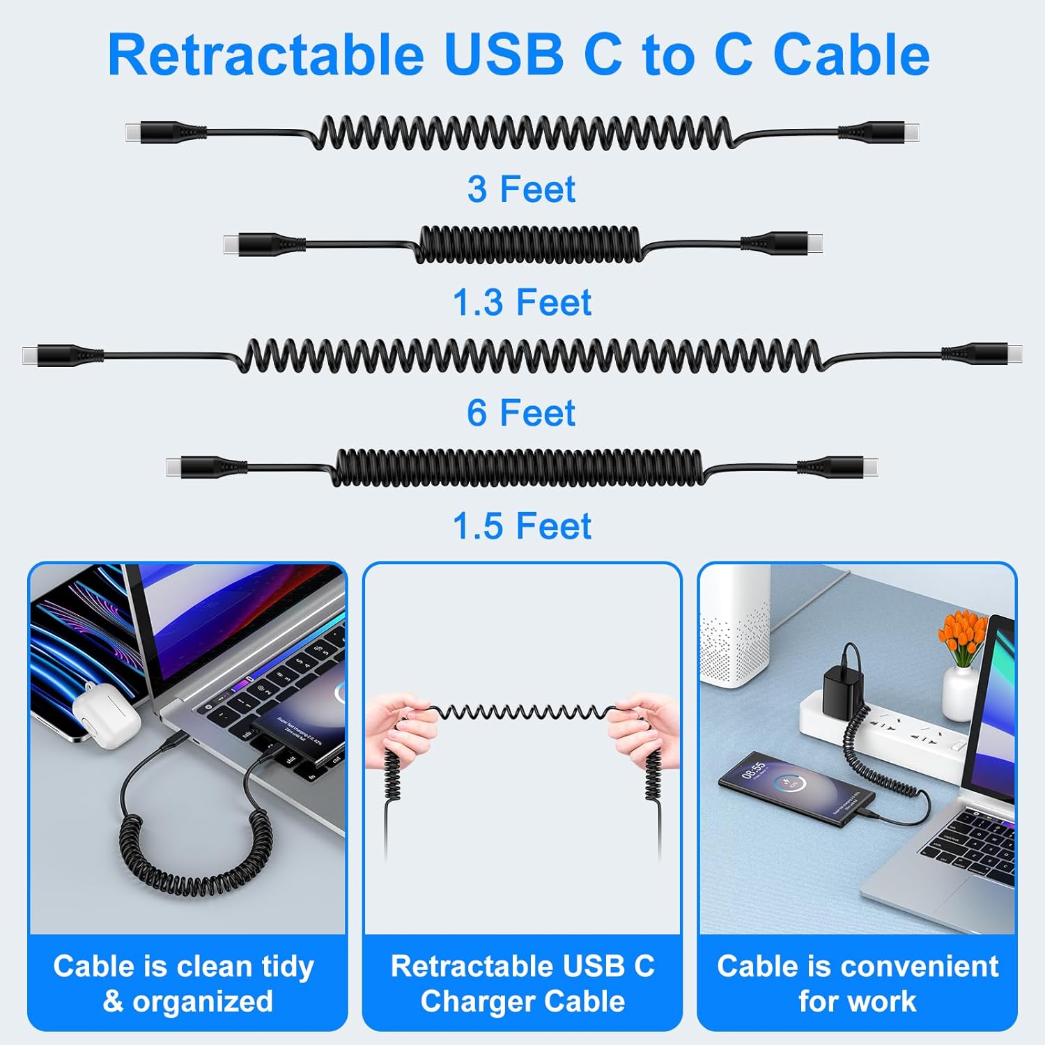 Cable USB C para Android Auto de carga rápida, 3 pies + 6 pies retráctil en espiral tipo C a C cable de carga de teléfono para Samsung Galaxy S25