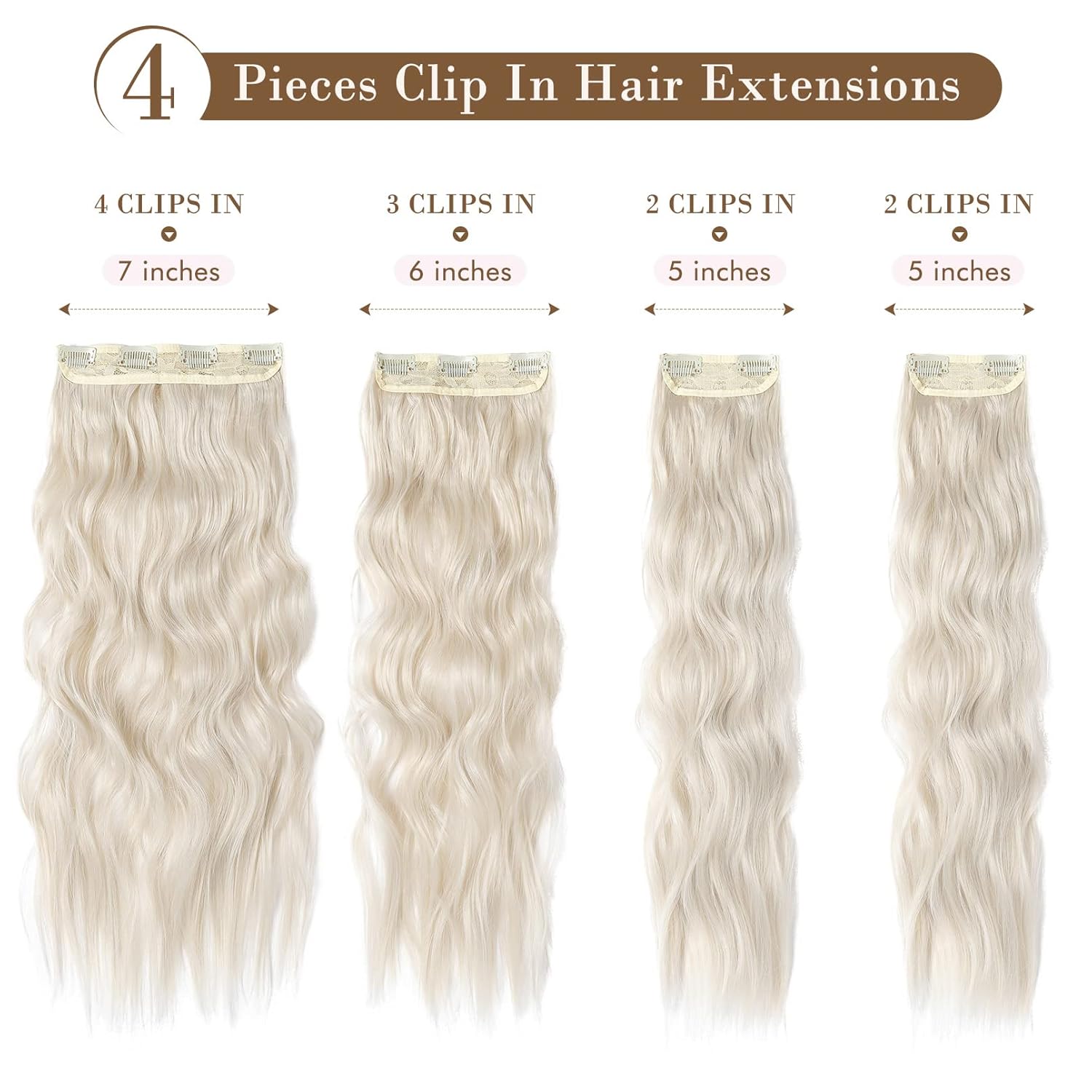 REECHO Extensiones de cabello, 4 extensiones de cabello con clip, HE001, extensiones de cabello sintético natural suave para mujer, rubio platio