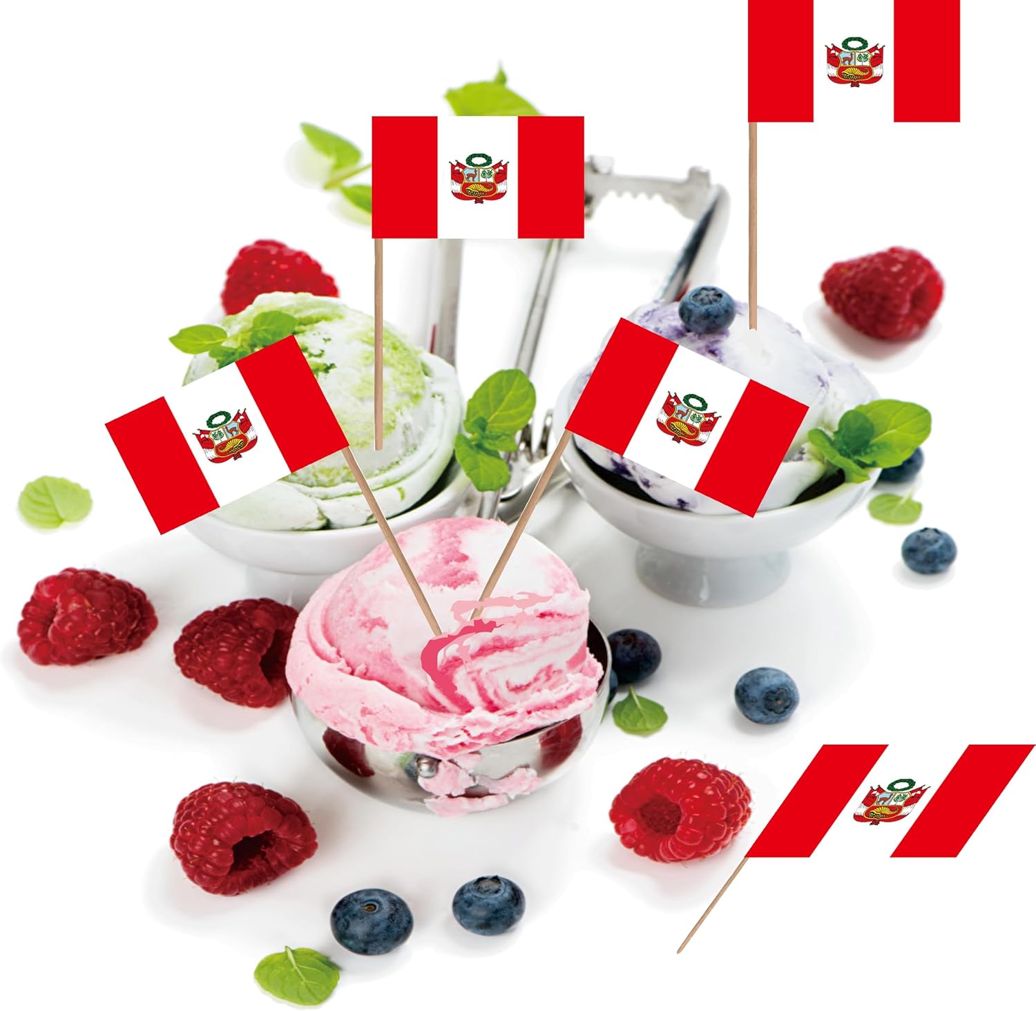 Bandera de palillo de dientes de Perú nacional peruano pequeño, mini cóctel para cupcakes de frutas, decoración de palitos de alimentos, paquete de