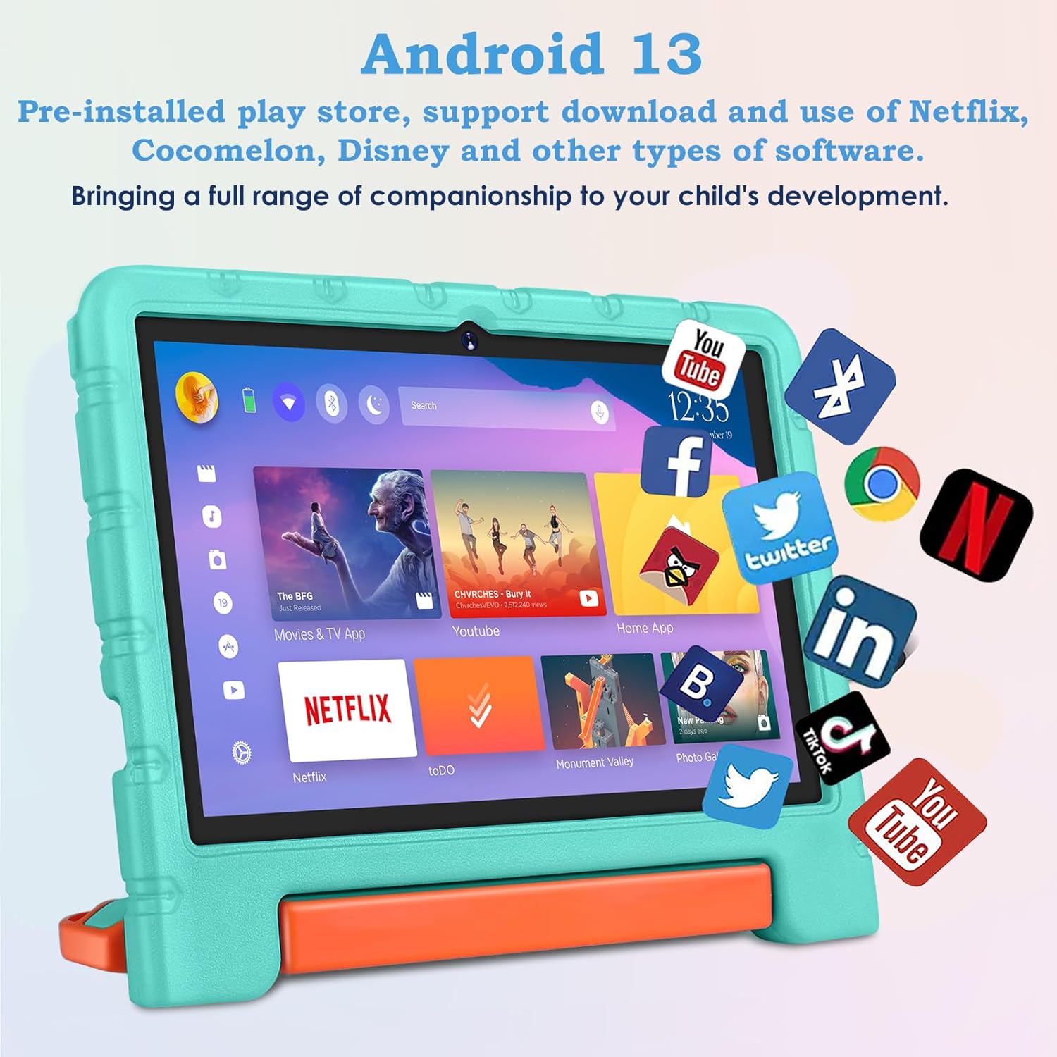 Tableta para niños Android 13 de 10 pulgadas para niños con funda a prueba de golpes, 12 GB+128 GB, octa-Core, pantalla táctil HD 1280 X 800,