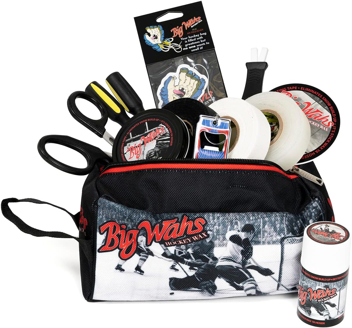 Bolsa de accesorios de cera de hockey la bolsa viene cargada con 3 rollos de cinta de hockey, tijeras, palo dulce con piedra, 4 destornilladores,