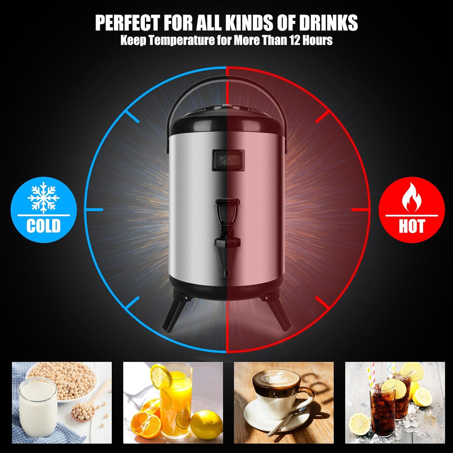 Dispensador de bebidas aislado de 12 cuartos de galón  3.2 galones, dispensador de bebidas de acero inoxidable dispensador de bebidas frías y