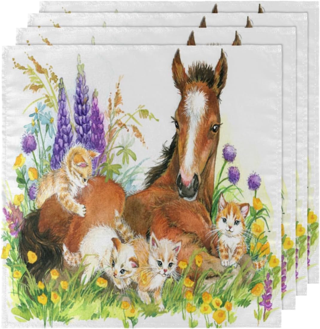 Cloth Napkins Set of 6 Floral Horse 20×20 Inch Cloth Napkins Horse and Kitten Washable Reusable Kitchen Dinner Napkins Table Decor for Wedding,