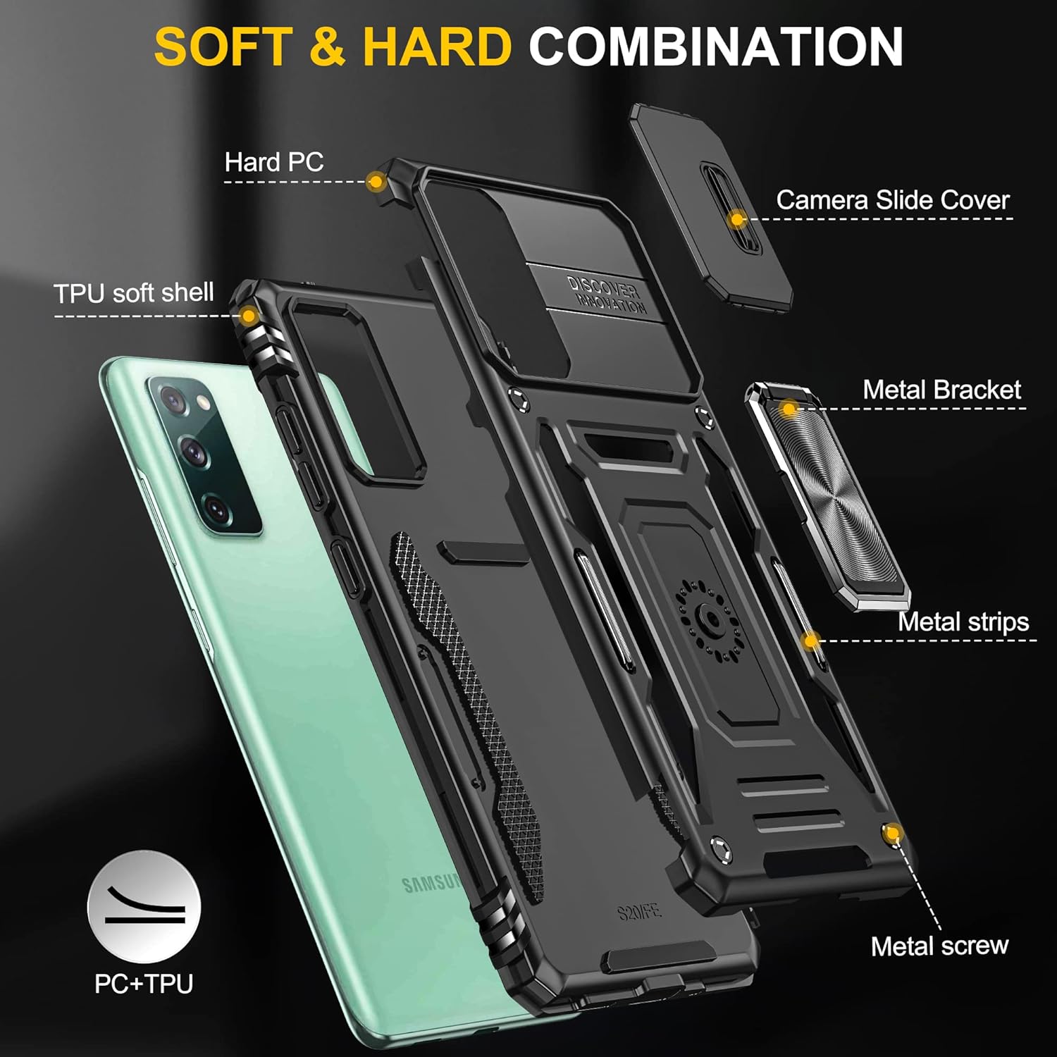 DAWEIXEAU Funda para Galaxy S20, Slide Lens Funda protectora a prueba de golpes resistente a los impactos con función atril Funda para Samsung