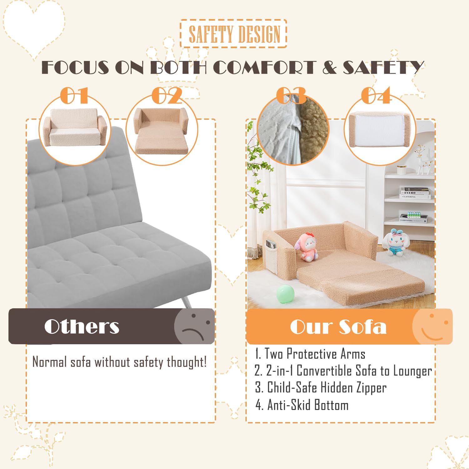 SUFUS Sofá para bebés y niños pequeños, extra ancho 2 en 1, sofá plegable de sherpa para sala de juegos, sofá convertible para niños y niñas con
