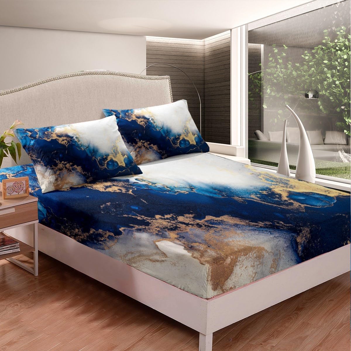 Erosebridal Juego de sábanas de mármol azul y blanco dorado, tamaño Queen, juego de sábanas con textura de mármol retro para niños y niñas, sábanas