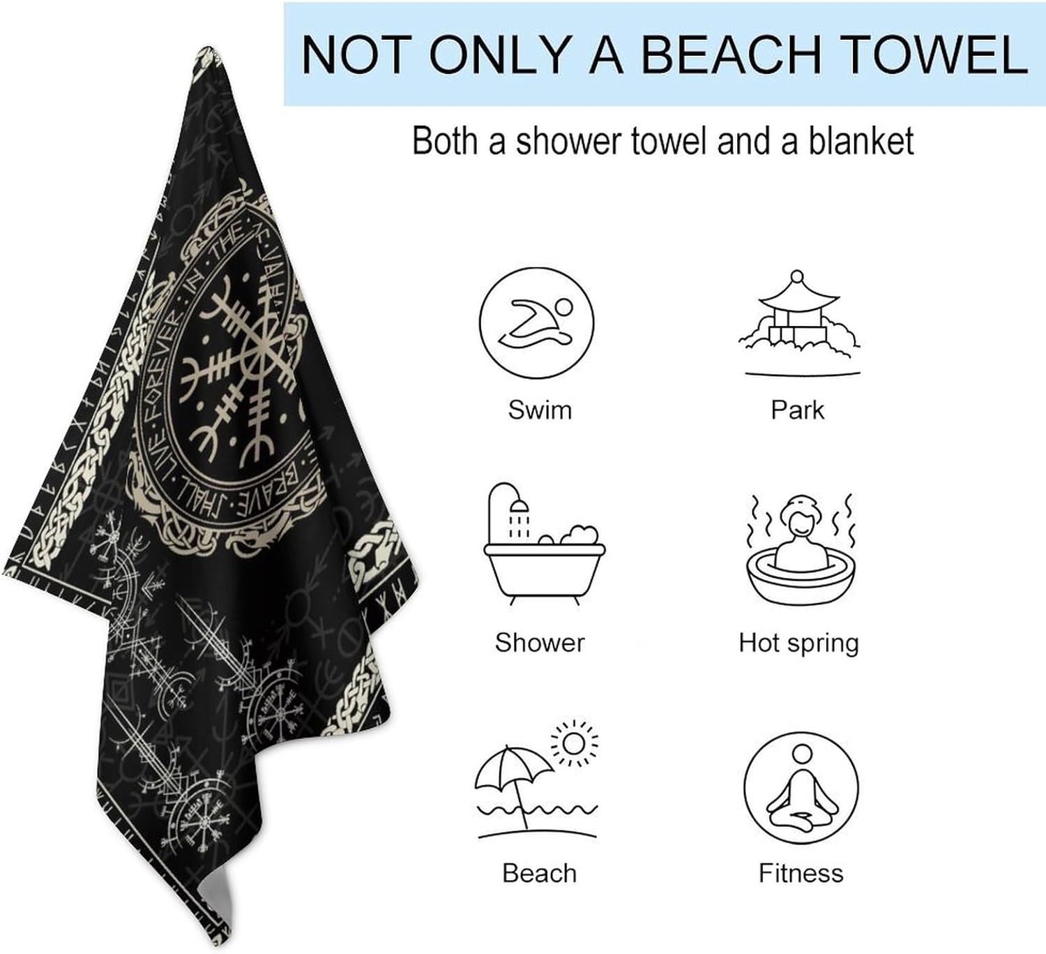 Toallas de piscina con estampado de vikingos nórdicos súper absorbentes, de secado rápido y esponjosas, color negro, brújula mágica retro, brújula