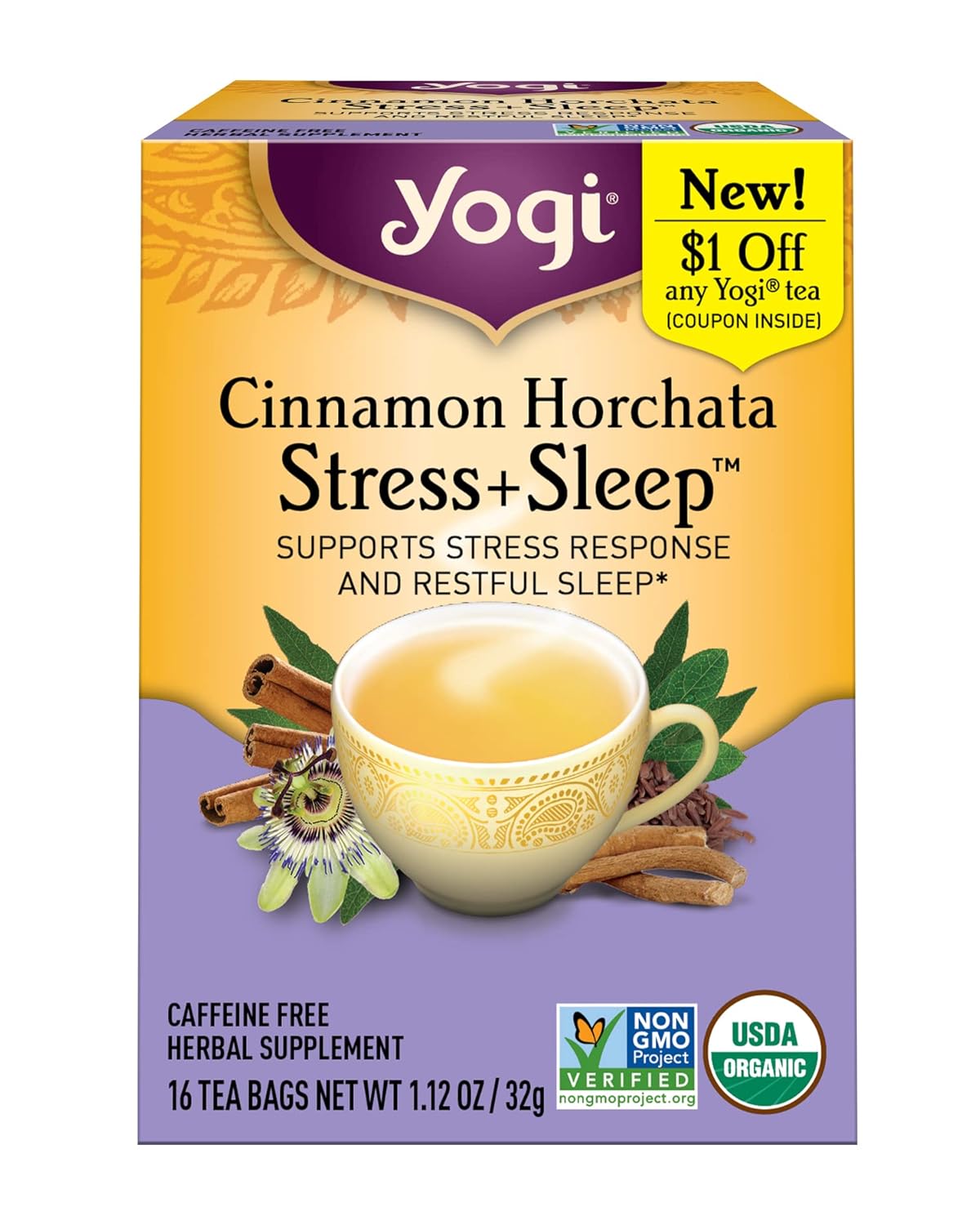 Yogi Tea Cinnamon Horchata Stress + Sleep – Té de hierbas sin cafeína, certificado orgánico por USDA, sin OMG, 16 bolsas de té (paquete de 6)