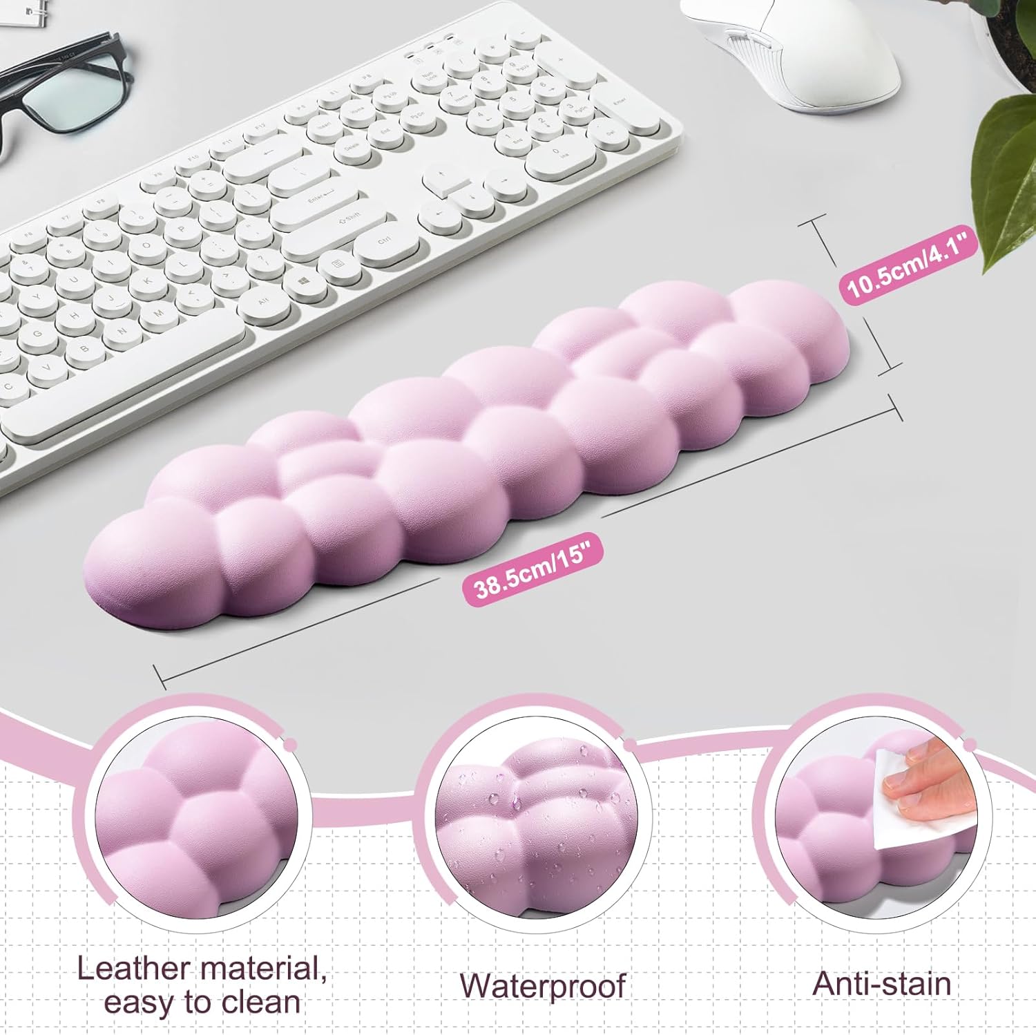 Leolee Reposamuñecas para teclado Cloud, reposamuñecas de nube rosa con superficie de cuero, base antideslizante, reposamuñecas para aliviar el