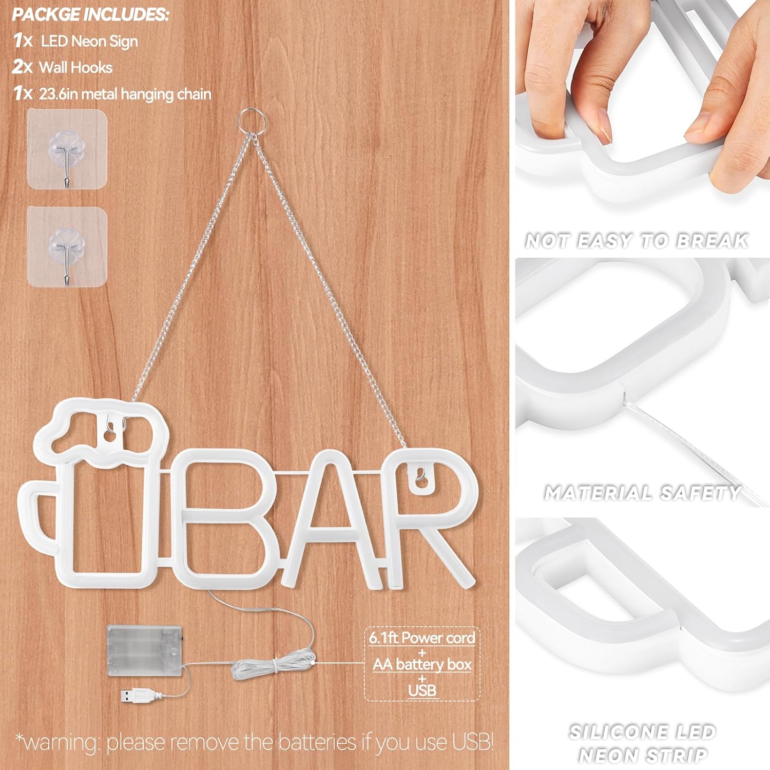 PIKPEOD Letrero de neón de barra de color blanco cálido, letreros de cerveza de neón con USB o batería con cadena colgante para hombre, letreros de