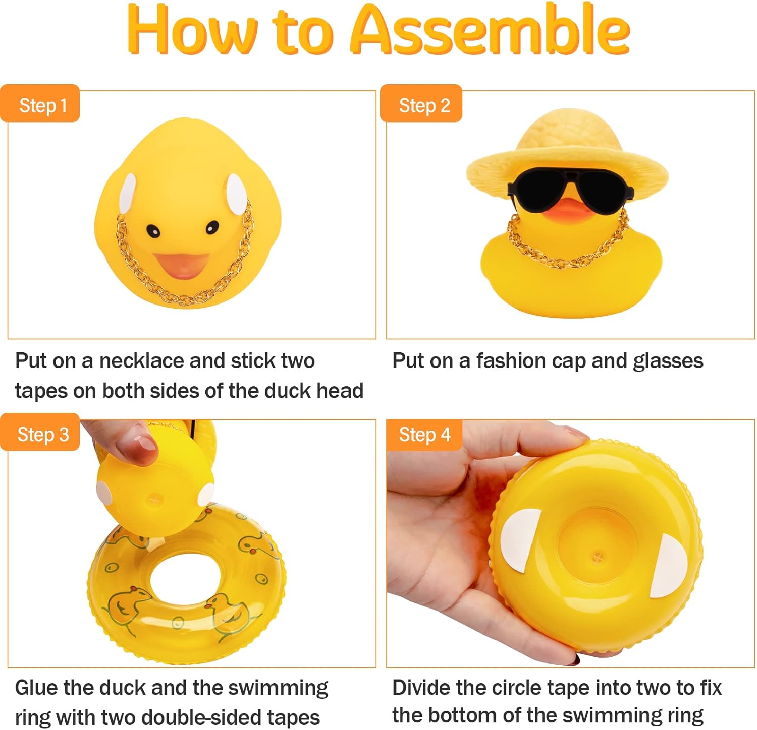 wonuu Car Duck – 4 adornos de pato de goma para automóvil, decoración de tablero de automóvil con mini sombrero, anillo de natación, collar, lentes