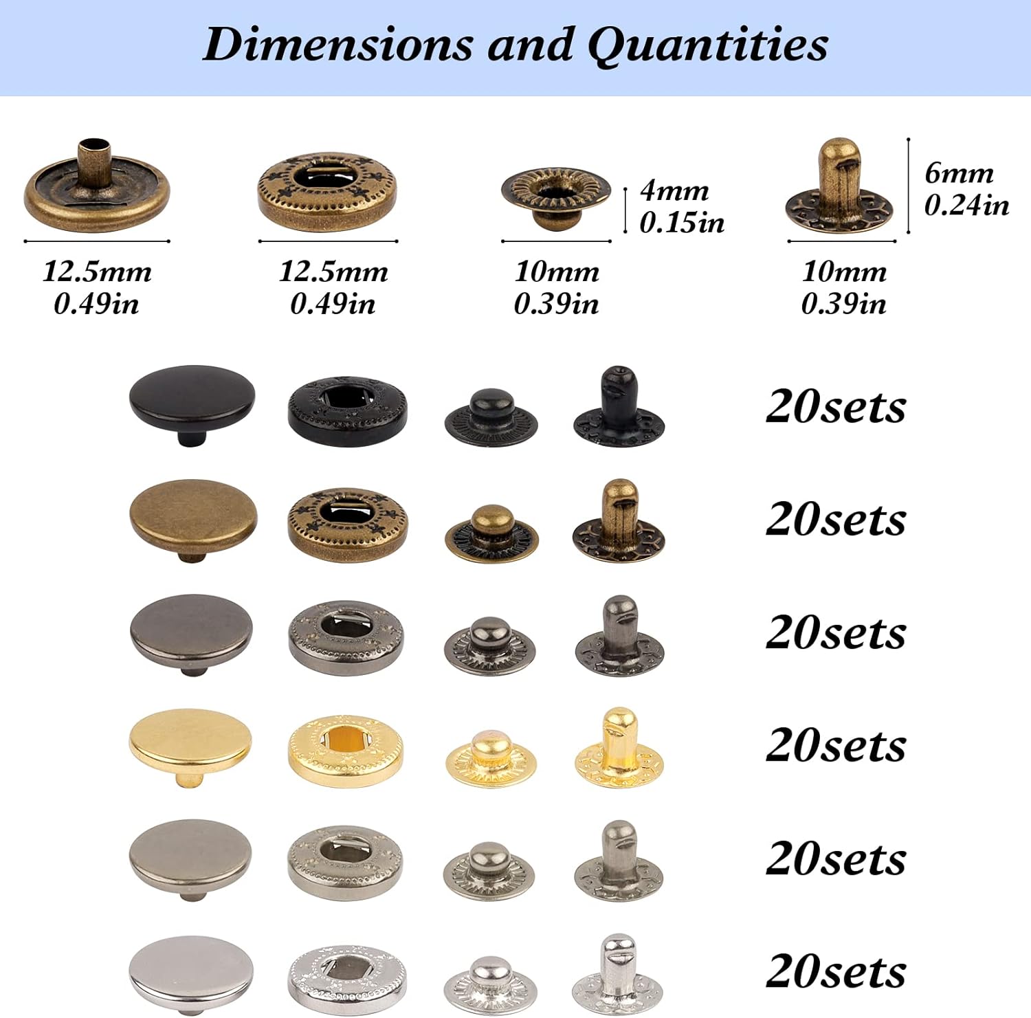 KWOKWEI – Juego de 120 broches de presión de cuero, juego de 120 botones a presión de metal con 6 herramientas de ajuste, 0.492 in, 6 colores