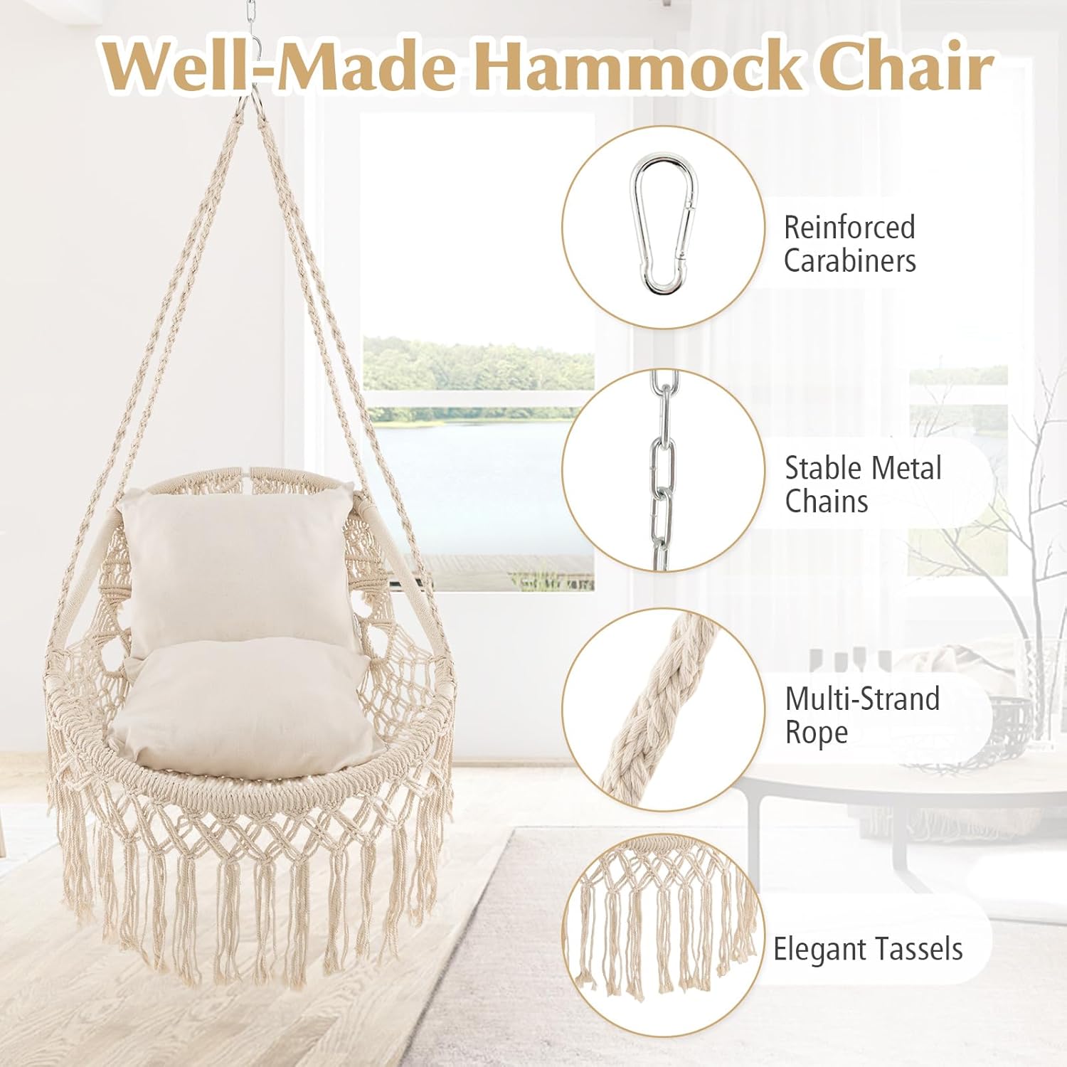 HAPPYGRILL Silla hamaca colgante con cojines de asiento suaves, columpio de macramé para interiores y exteriores, cuerda y cadena resistentes, silla