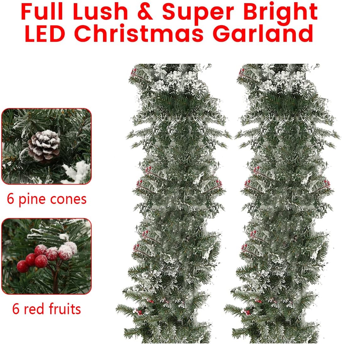 Eummy Guirnalda de Navidad de 8.9 pies, guirnalda de nieve artificial esmerilada, corona de caristmas, decoración de Navidad para interiores y