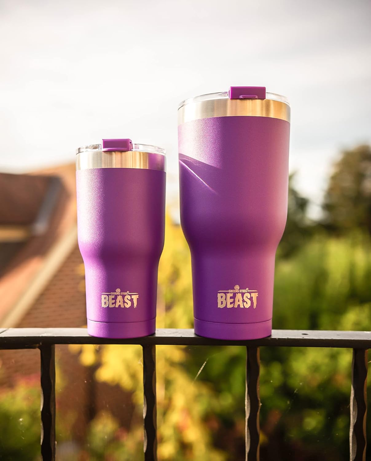 Greens Steel Beast – Vaso de acero inoxidable con aislamiento al vacío para café, taza de hielo, termo de viaje de doble pared, 20 onzas (morado)