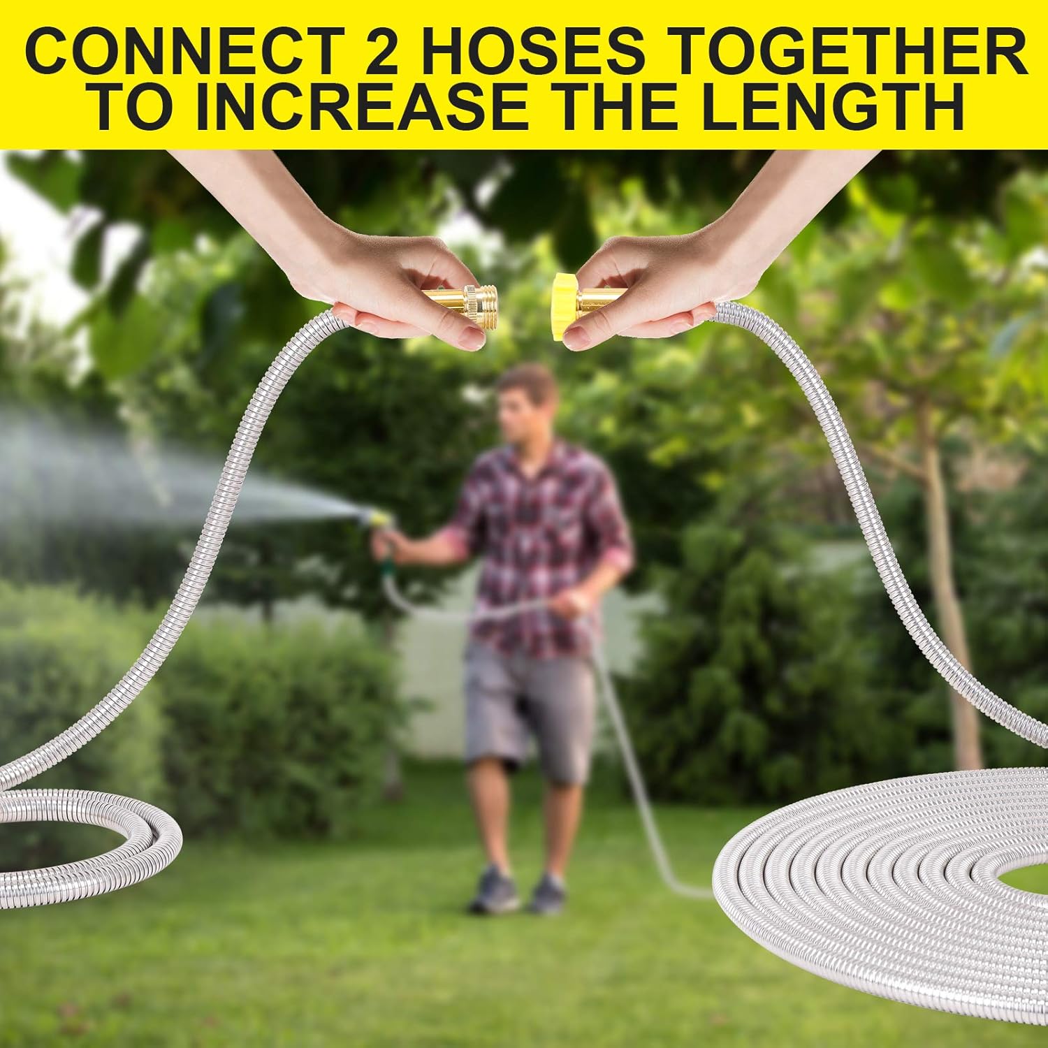 FOXEASE – Manguera de jardín de metal de 10 pies, manguera corta de acero inoxidable resistente con boquilla ajustable sólida, portátil y ligera,