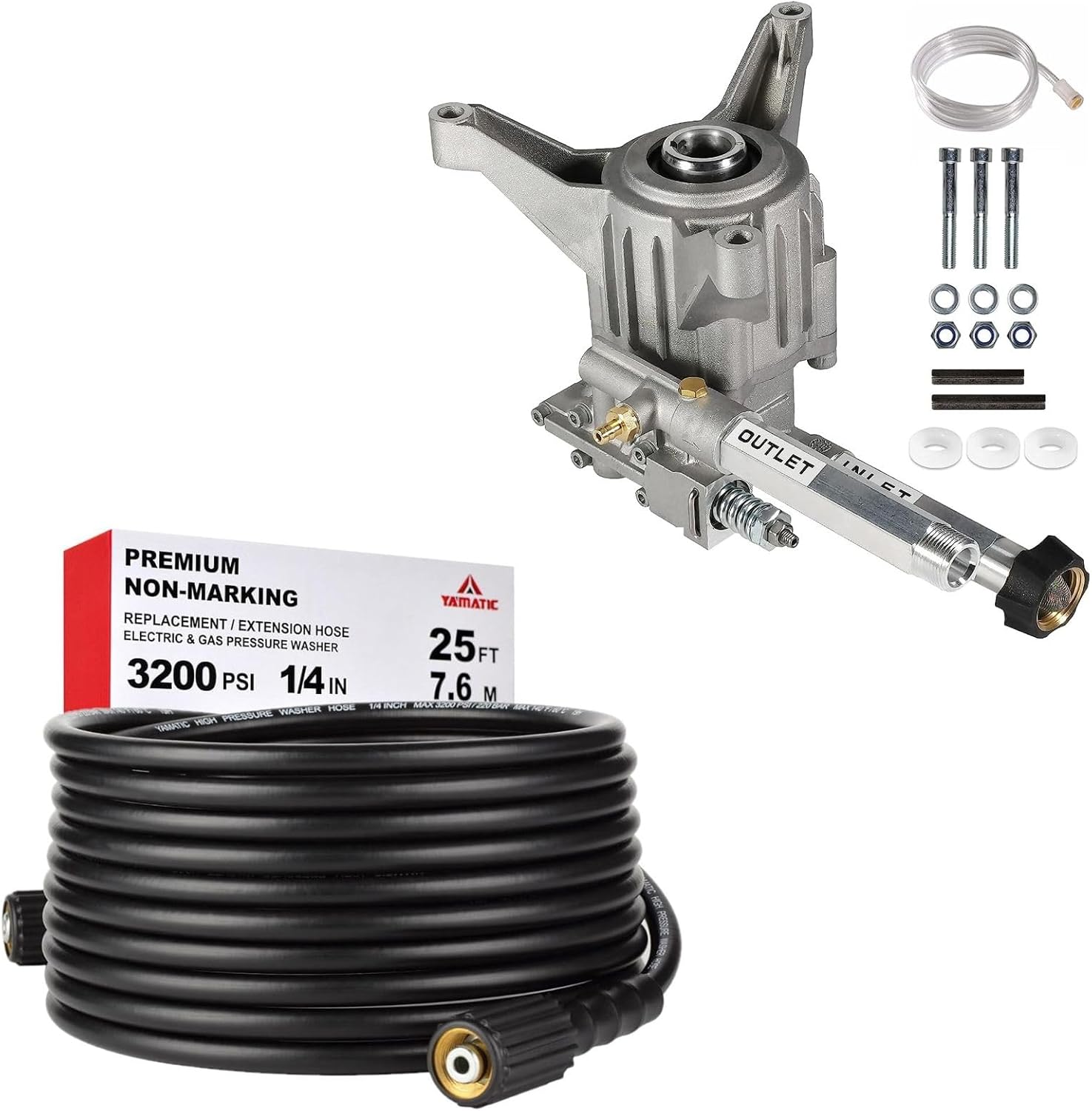 YAMATIC Bomba de lavado a presión vertical de eje de 78 pulgadas, 2600-3000 PSI 2.5 GPM OEM y manguera de lavado a presión de 25 pies 14 pulgadas