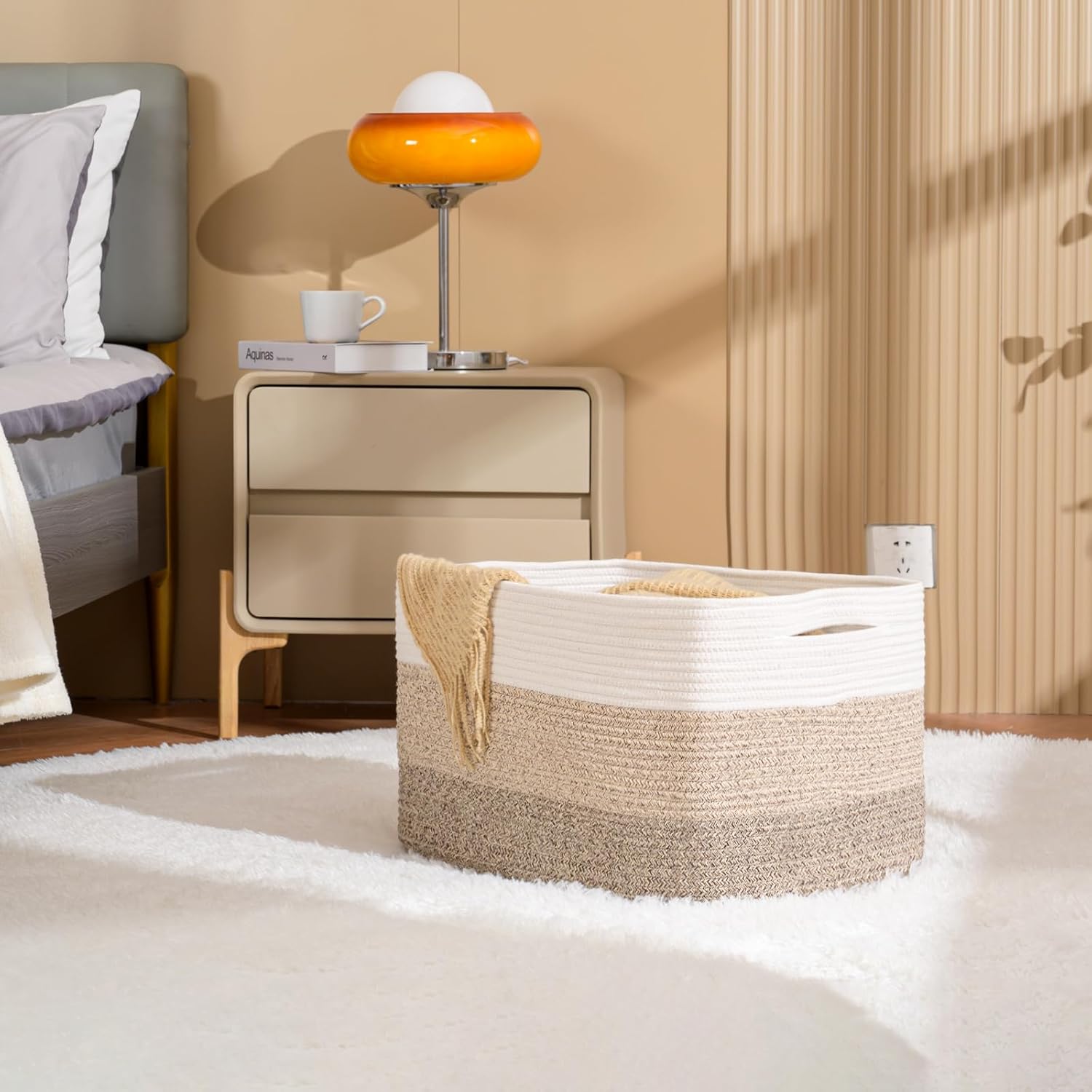 Cesta rectangular grande para manta de 75 litros, cesta de almacenamiento para organizar, cestas tejidas de cuerda de algodón para almacenamiento de