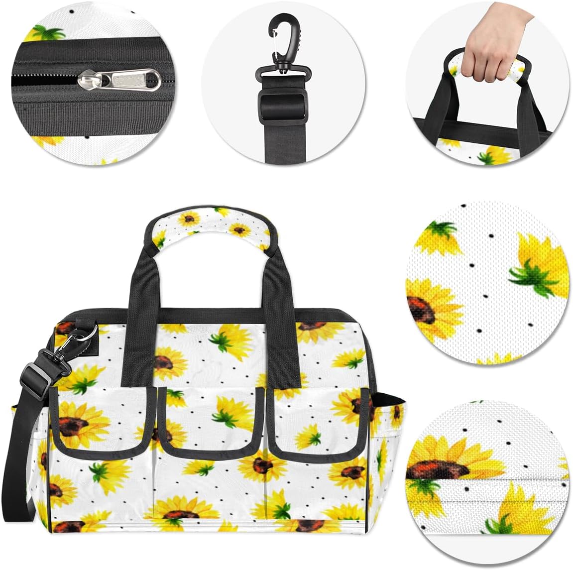 Bolsa de herramientas con patrón de girasol para mujer, organizador de bolsa de herramientas con bolsillos para correa de hombro, duradera, para