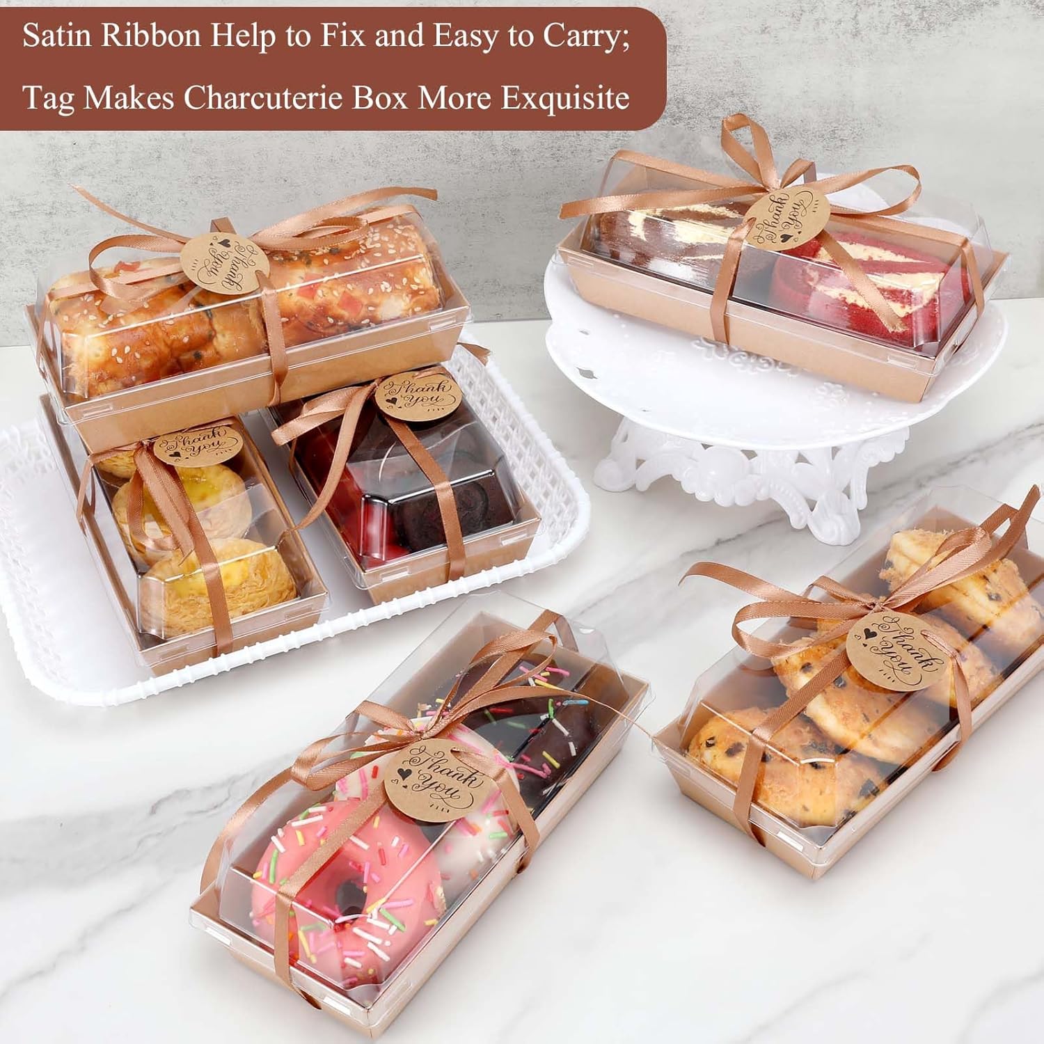 Paquete de 60 cajas de papel para embutidos con tapas transparentes y seguras, cajas de panadería marrón de 7.5 pulgadas con 2 rollos de cinta,