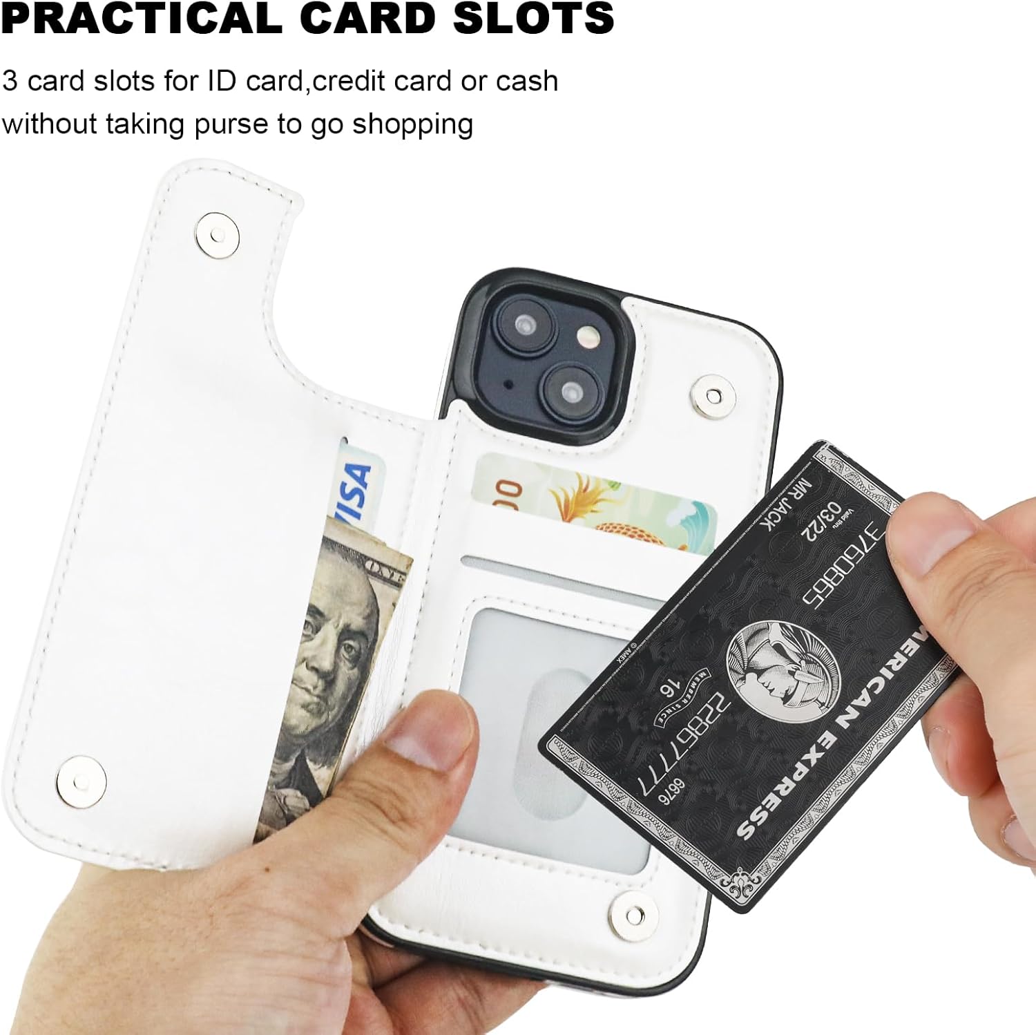 Funda tipo cartera compatible con iPhone 15 con soporte para tarjetas, funda de piel sintética con ranuras para tarjetas, doble cierre magnético y