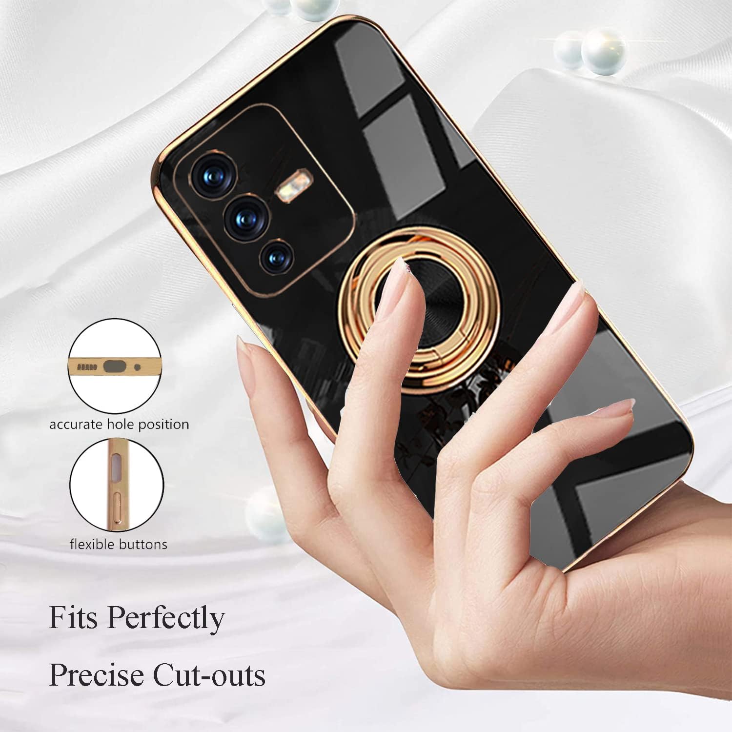 Yarxiawin Funda compatible con Vivo V23 con soporte de anillo, Vivo V23 para Vivo S12, funda negra antihuellas y protección de 360 grados a prueba