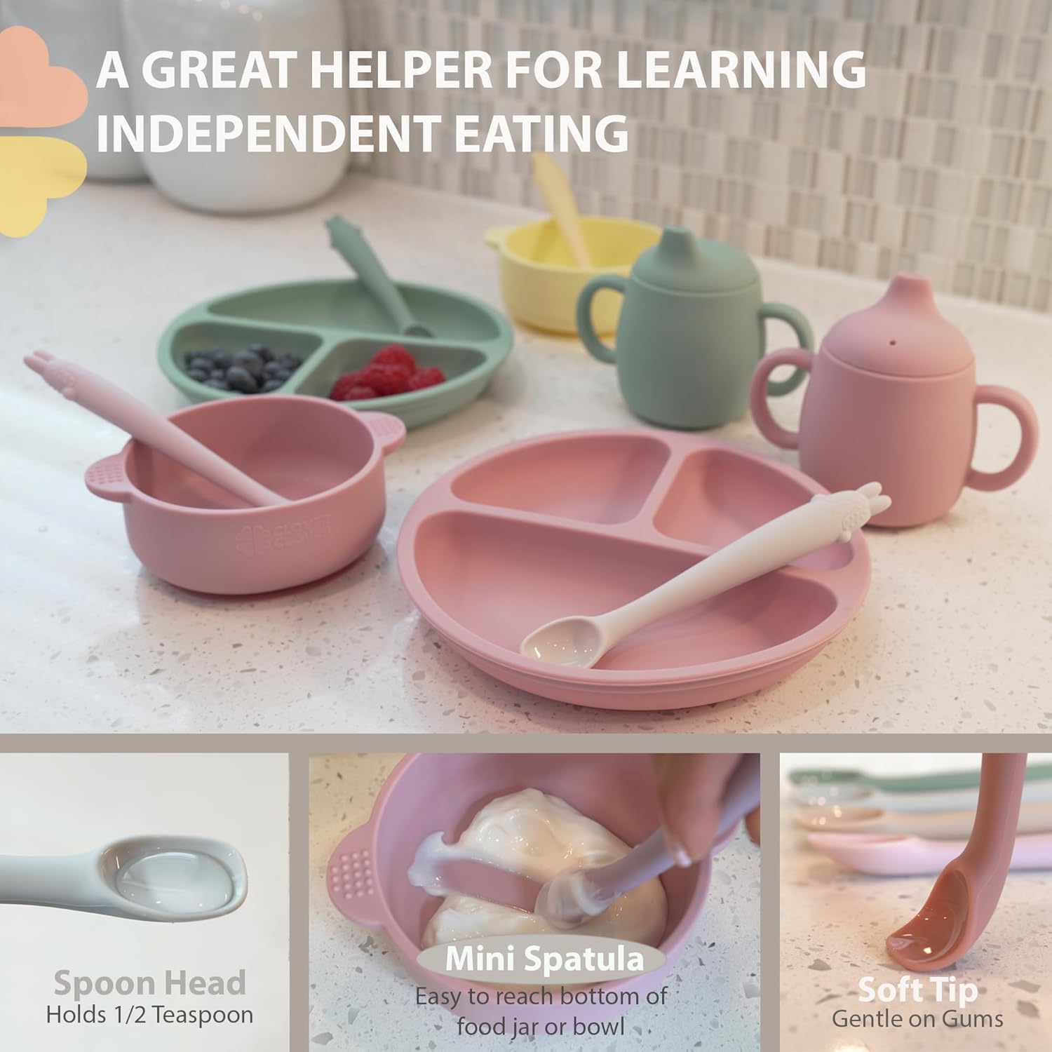 Cucharas de silicona para alimentación para bebés, primera etapa, utensilios flexibles para el destete de bebés y padres y bebés, autoalimentación y