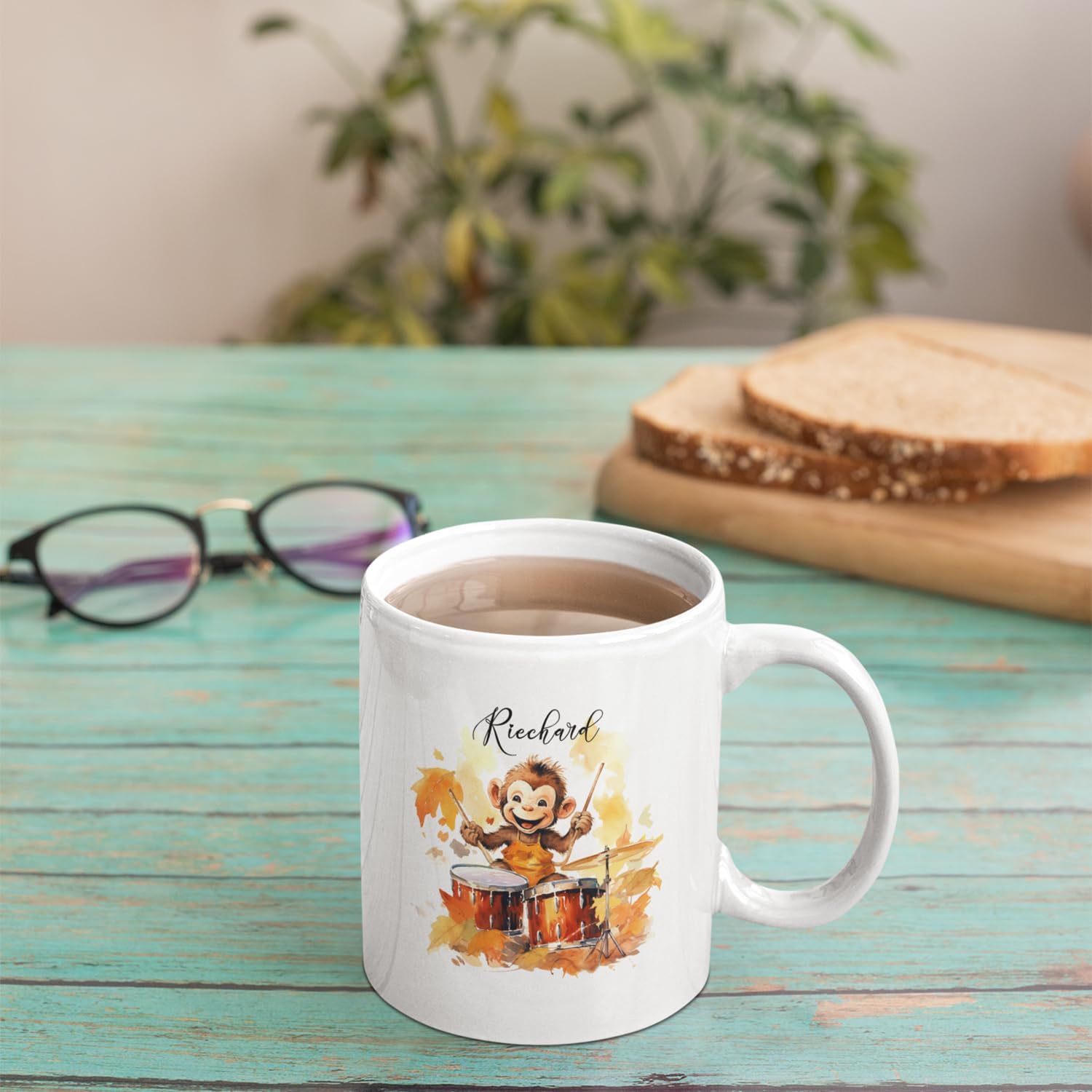 Taza de cerámica blanca de mono de otoño personalizada de 11 onzas, 15 onzas, tazas de té de tambor, regalo de tazas de otoño para amantes del