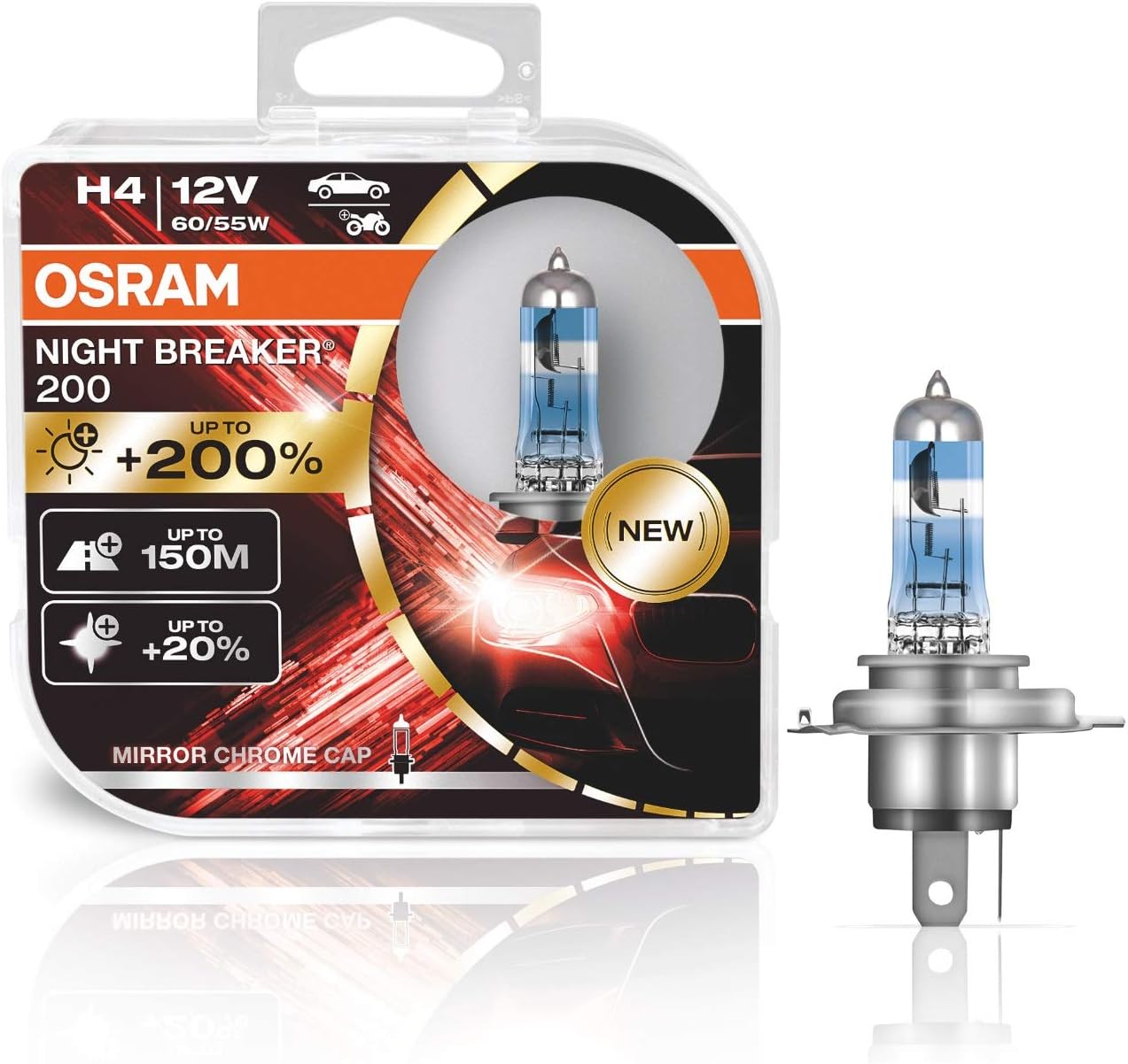 OSRAM NIGHT BREAKER 200, H4, 200% más brillo, lámpara halógena para faros, 64193NB200-HCB, 12V, Duo Box (2 lámparas), bianco