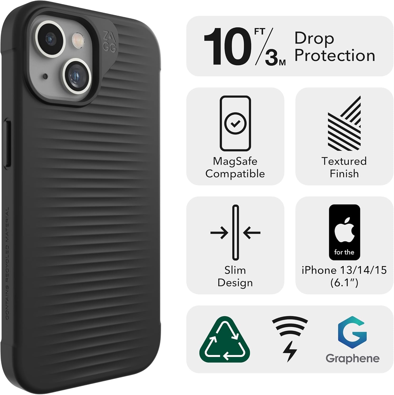 ZAGG Luxe Snap – Funda protectora para iPhone 15, protección contra caídas (10 pies), material de grafeno duradero, funda MagSafe, delgada y ligera,