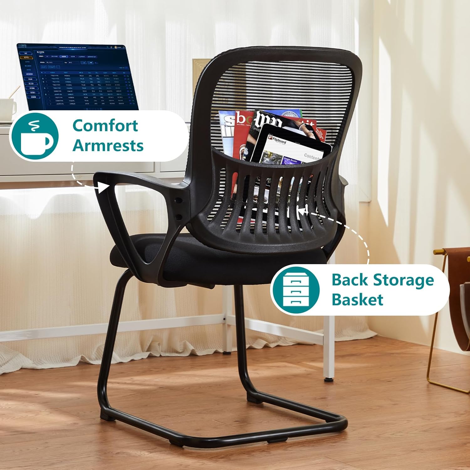 SMUG Silla de escritorio sin ruedas, silla de computadora de respaldo medio, silla de oficina ergonómica de malla con asiento más grande, silla