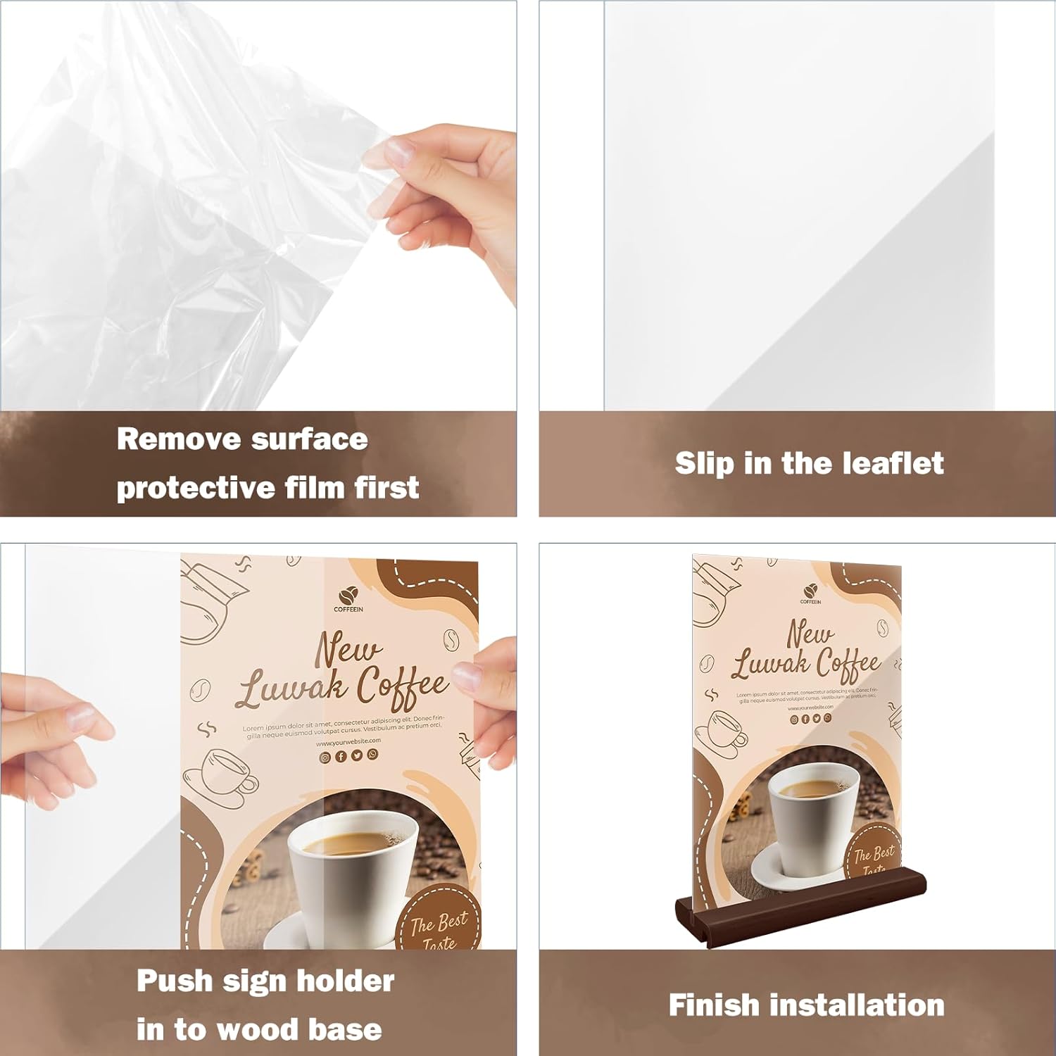 Paquete de 3 soportes acrílicos para letreros en forma de LT, soporte de papel de plástico vertical inclinado con base de madera, soporte de