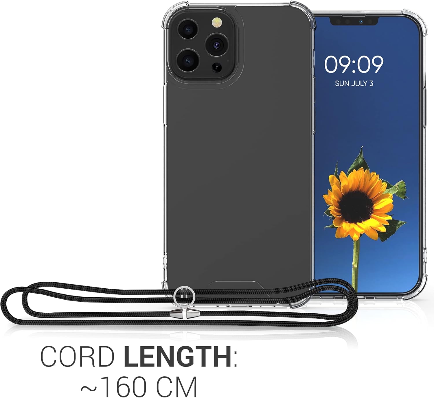 kwmobile Funda cruzada compatible con Apple iPhone 13 Pro, funda transparente de TPU con correa de cordón, color negro y transparente