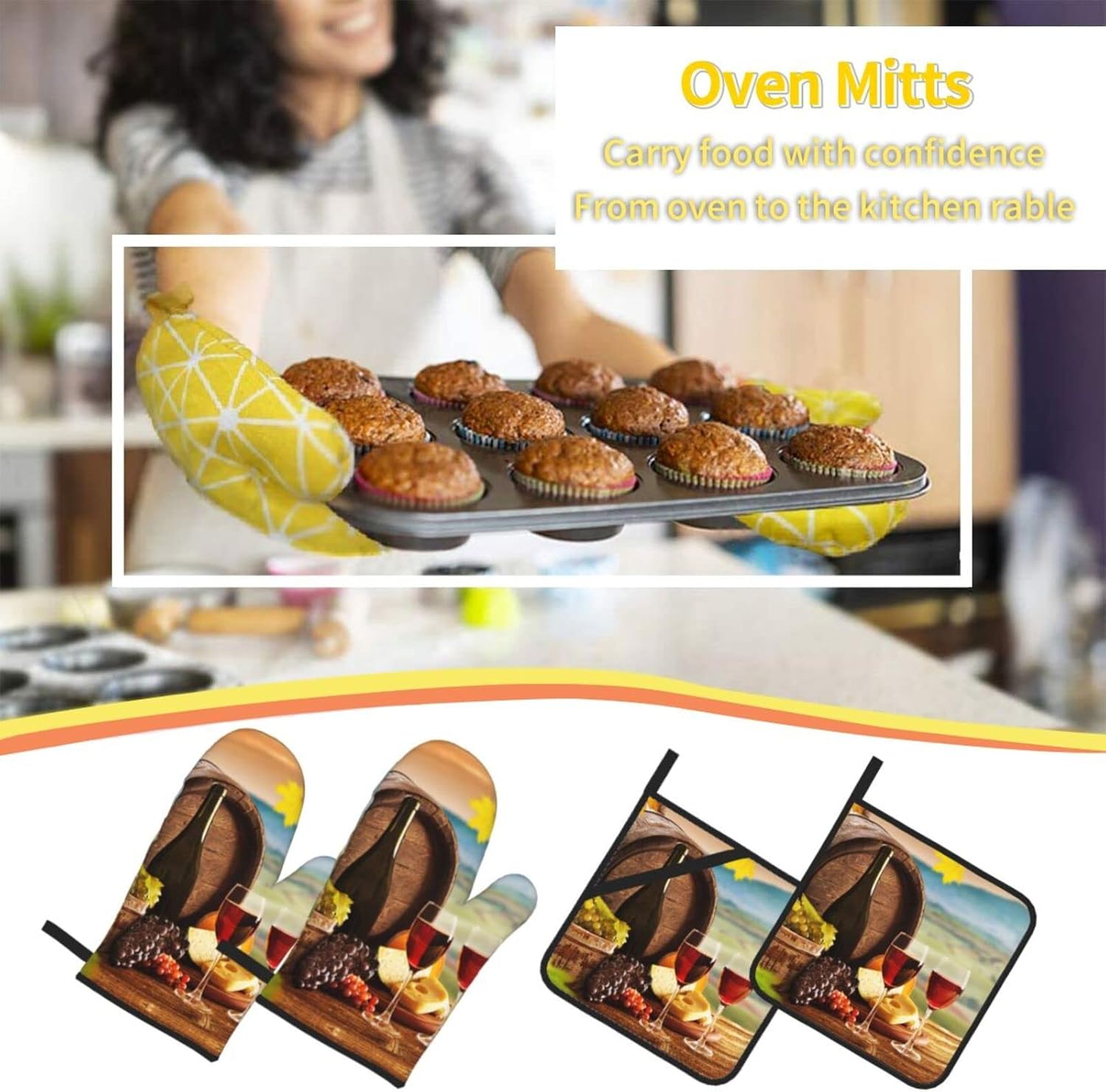 Juego de 4 manoplas de horno y soportes para ollas con temática de vino, guantes resistentes al calor para cocina, hornear, asar a la parrilla,