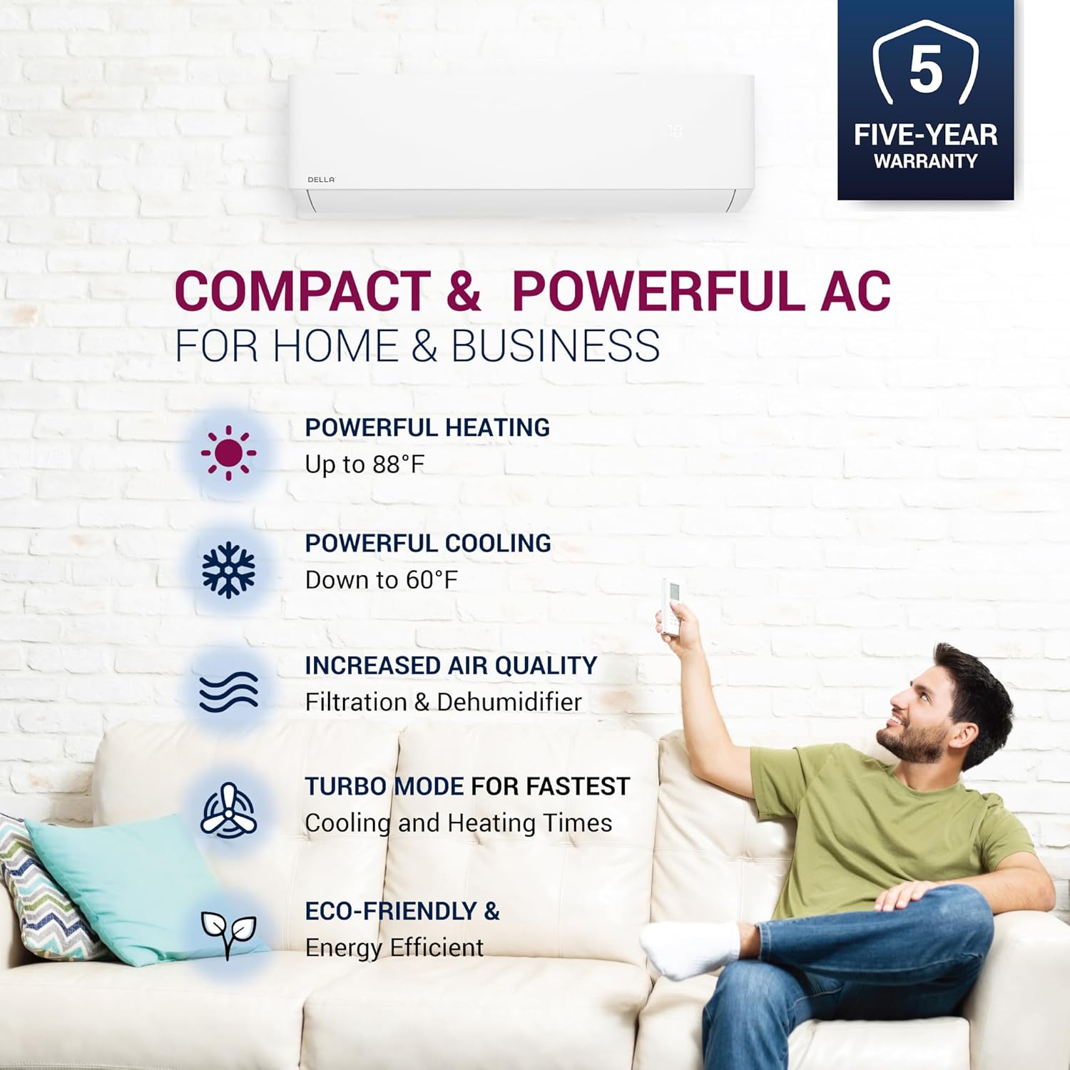 DELLA Optima Series 12,000 BTU Wifi Mini Split AC, funciona con Alexa, Energy Star 208230V 23 SEER2 enfría hasta 550 pies cuadrados de aire