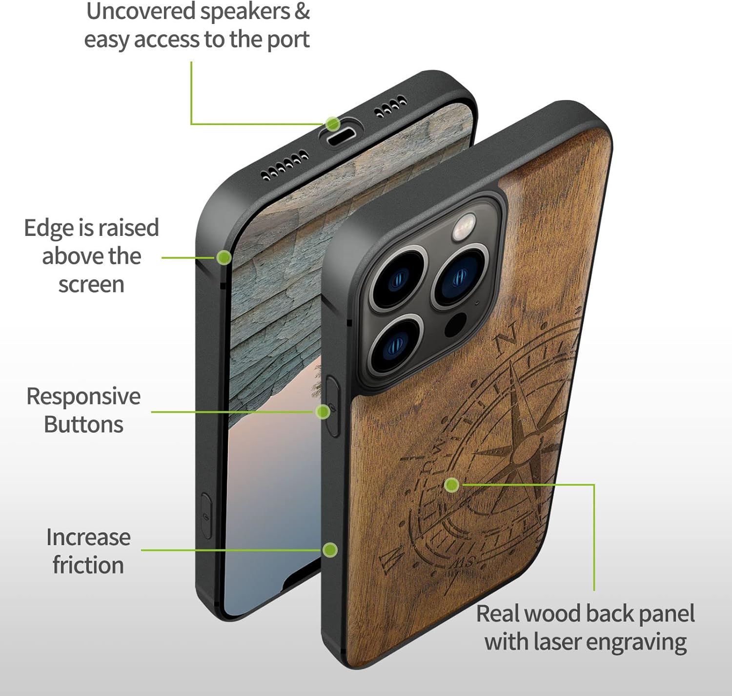Carveit Funda magnética de madera para iPhone 13 Pro Max madera real dura y TPU suave a prueba de golpes, funda protectora híbrida única y elegante