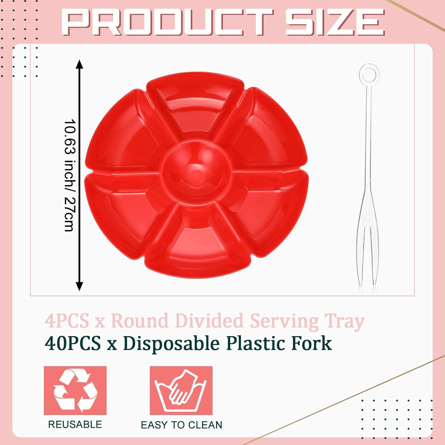4 bandejas redondas divididas para servir con tenedor desechable, platos llanos de 7 secciones de 10.6 pulgadas, placa divisora en forma de pétalos