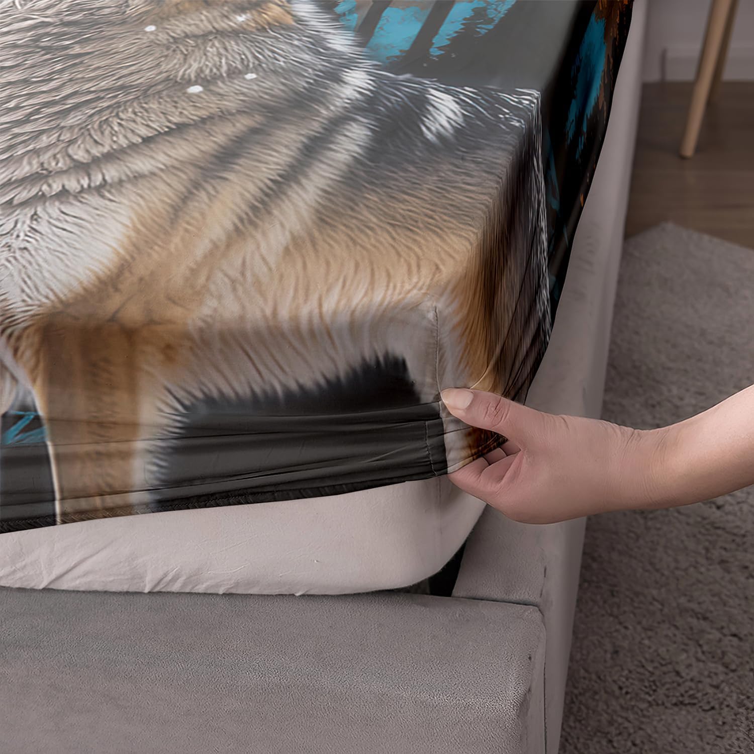 HOSIMA Sábana bajera ajustable con estampado de animales del bosque con 2 fundas de almohada, ropa de cama de árbol y luna y lobo, sábana bajera de