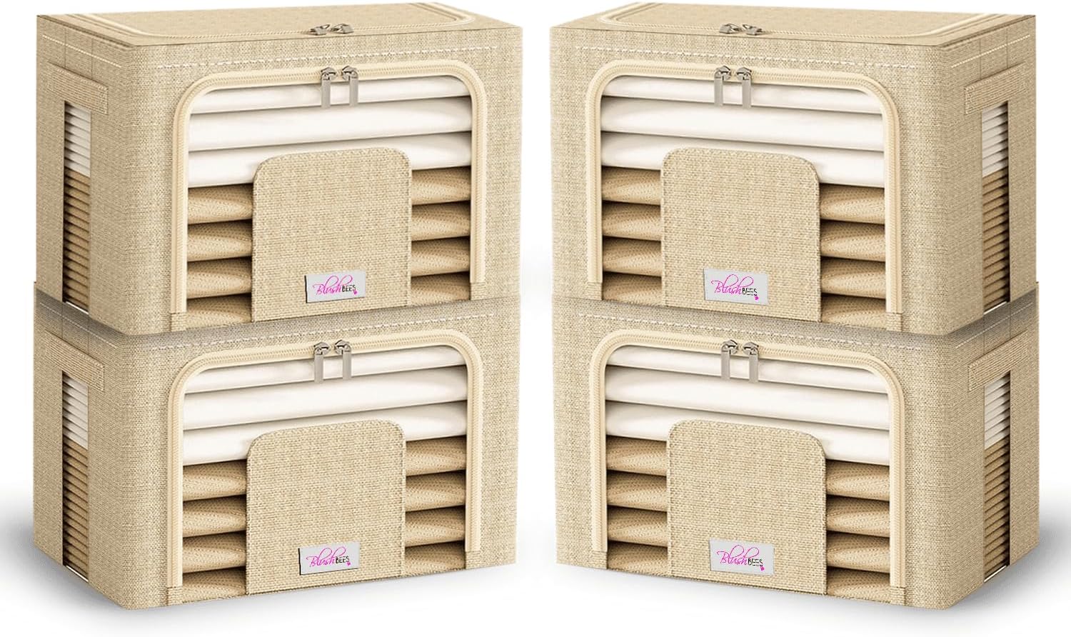 Blushbees Cajas de almacenamiento plegables de tela Oxford para ropa, colchas, lino con soportes de metal (paquete de 4 cajas, tamaño grande de 20 x