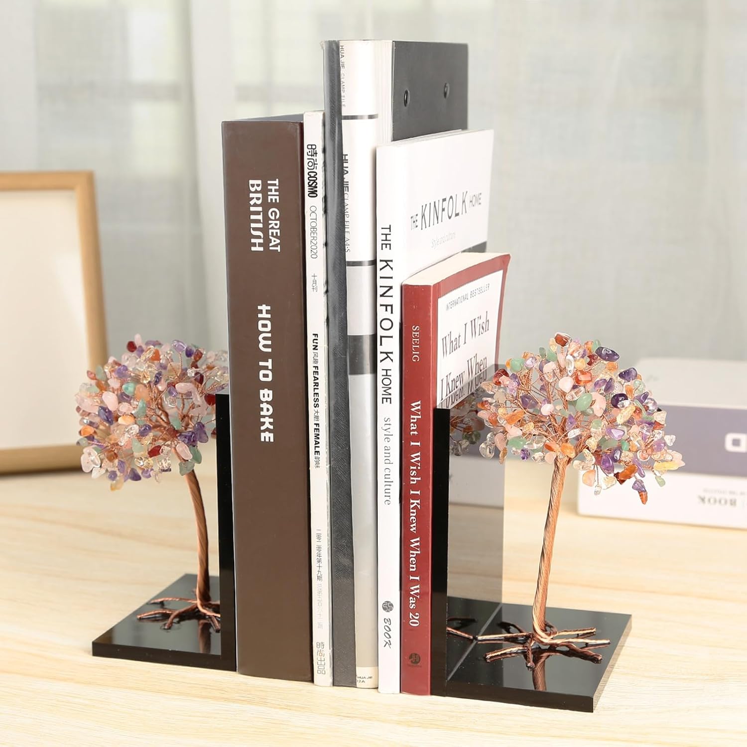 SUNYIK Paquete de 2 sujetalibros de cristal arcoíris para libros pesados, extremos de libro acrílico para estantes, biblioteca, oficina, suministros