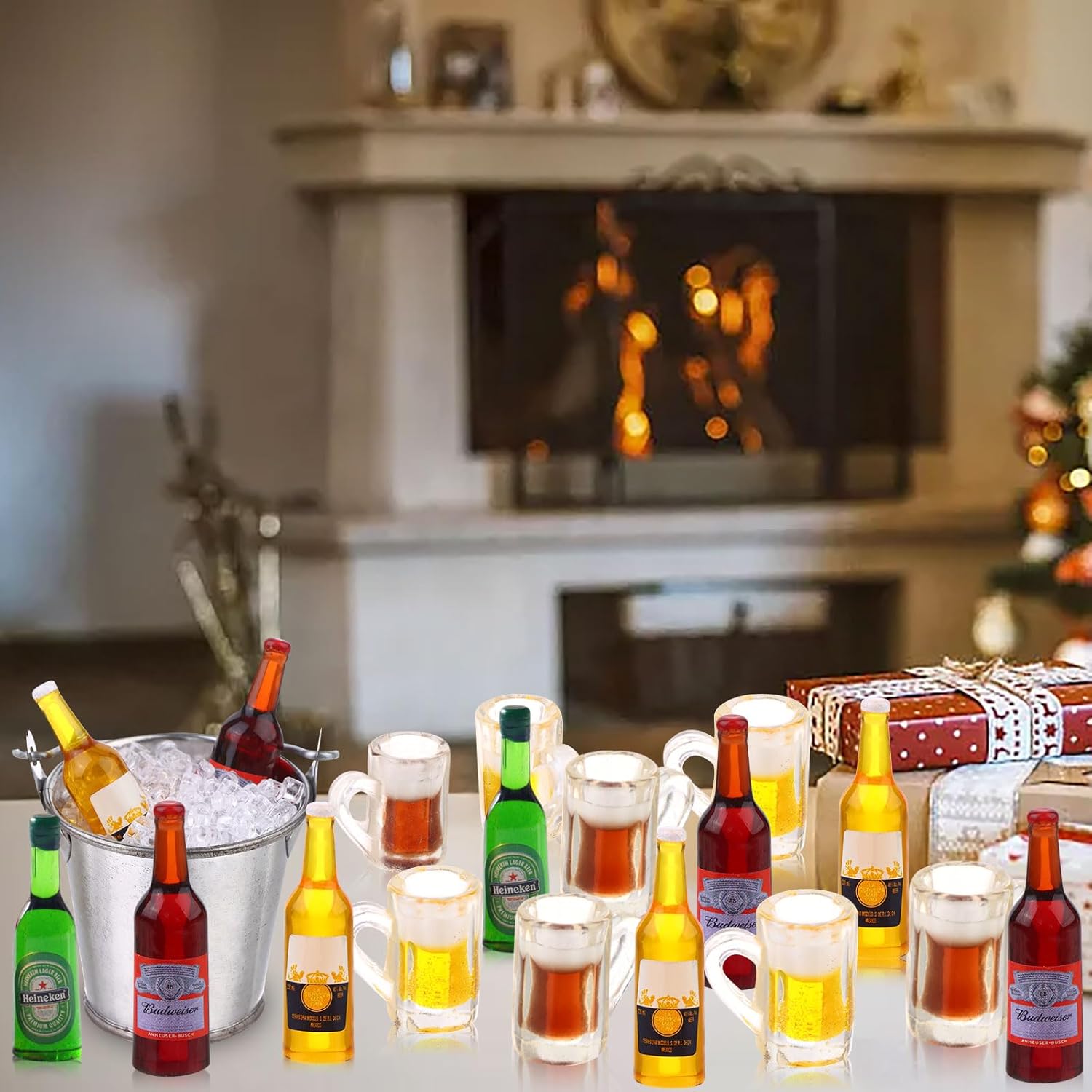 Juego de botellas de cerveza en miniatura de casa de muñecas 112 con cubo en miniatura, cubos de hielo falsos, mini tazas de cerveza para juego de