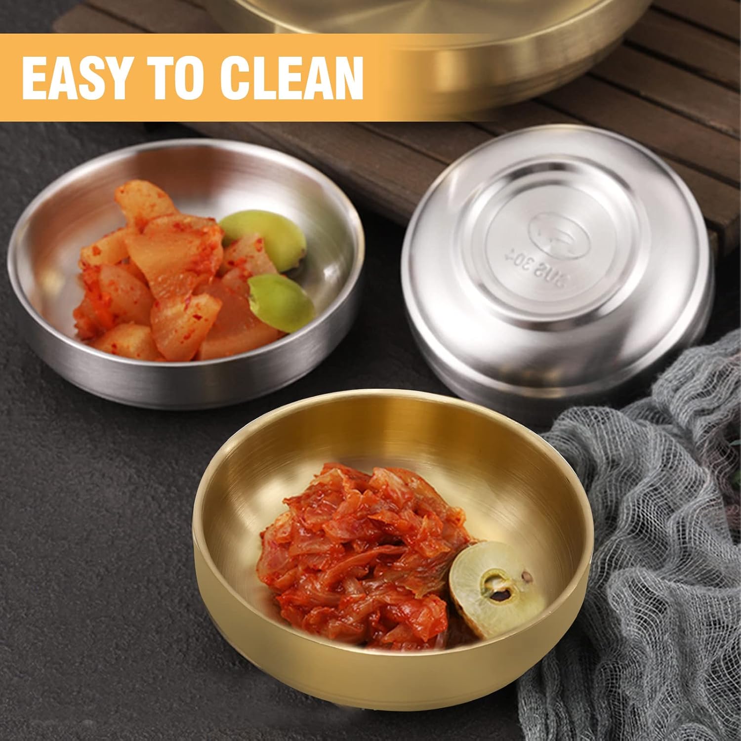 4 platos grandes de acero inoxidable para salsa de 4.7 pulgadas, platos de doble cubierta, platos de acero inoxidable 304 de 4.3 onzas para aceite,
