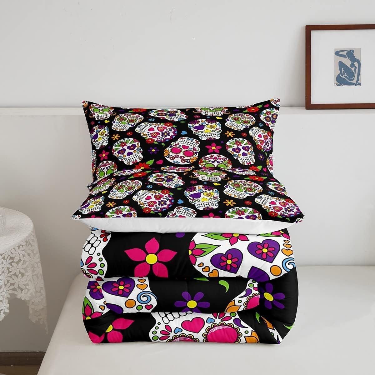 Juego de edredón de calavera de azúcar, tamaño King, juego de ropa de cama de 3 piezas con estampado de calavera humana, edredón de plumón con