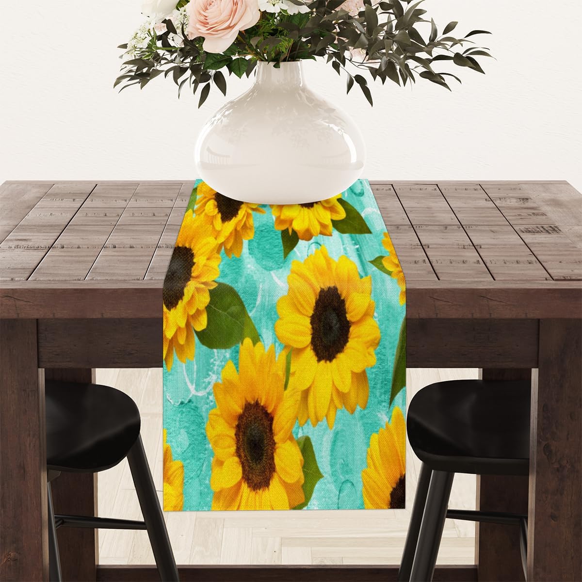 Table Runner Summer Sunflower Oil Painting, Autumn Rustic Linen Table Cloth Kitchen Dining Table Decor for Home Party 13 x 72 Inches