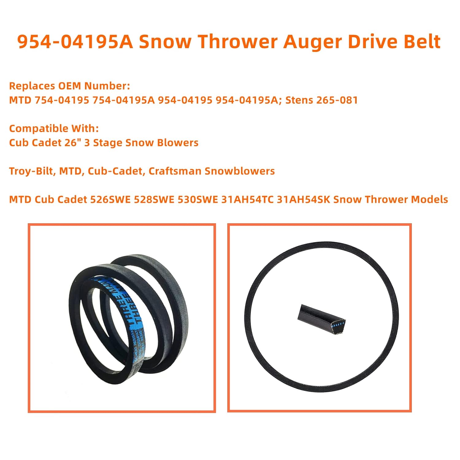 12″ x 37″ cinturón de taladro para lanzanieves MTD Troy Bilt Cub Cadet 26″ 3 etapas sopladores de nieve 754-04195 954-04195A
