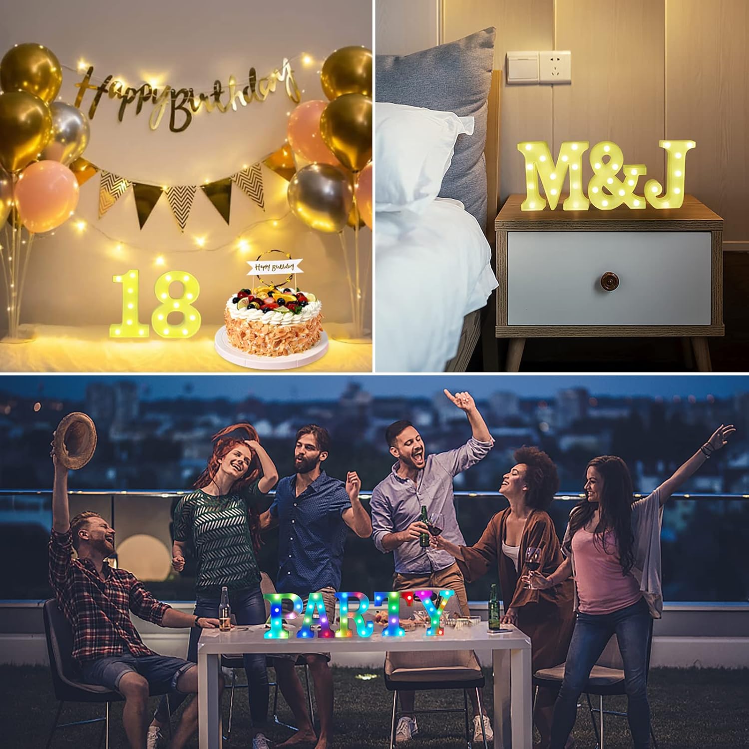 Luces LED de letra, 16 colores cambiantes, luces LED de marquesina, luces nocturnas regulables para bodas, cumpleaños, vacaciones, fiestas, bares,