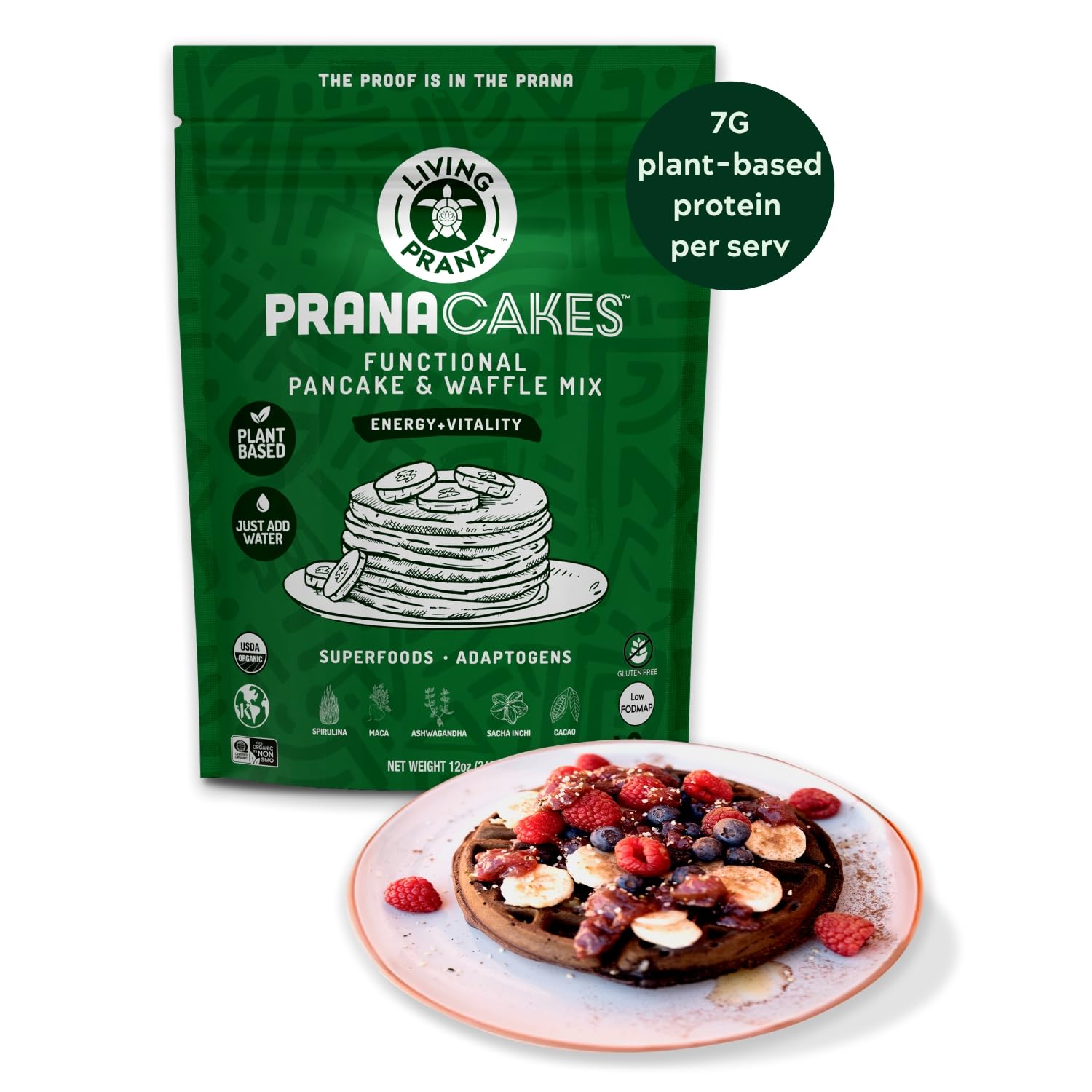 Living Prana PranaCakes – Mezcla orgánica para panqueques y waffles, sin gluten, solo agregue agua