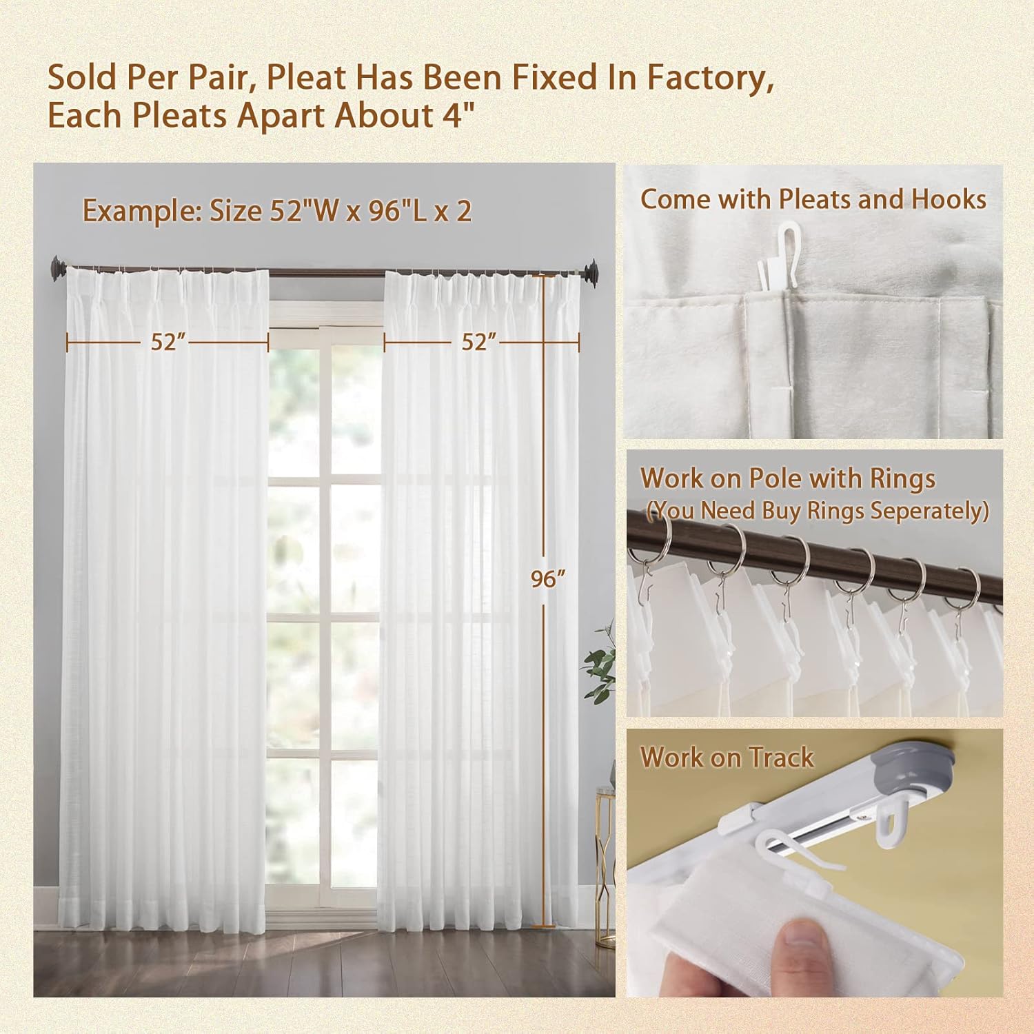 CHEFRU 2 paneles de cortinas plisadas blancas para ventana de 96 pulgadas de largo, 2 paneles de cortinas semitransparentes con hojas de ginkgo, 52