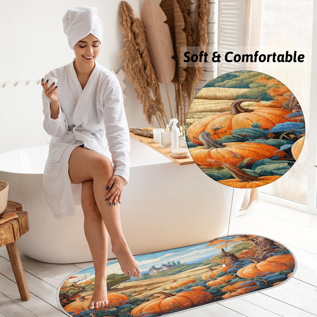 cfpolar Fall Maple Leaves Pumpkins Bathroom Rugs Non-Slip Bath Rug Microfiber Bath Mat Absorbent Kitchen Mats and Rugs Machine Washable Oval Plush