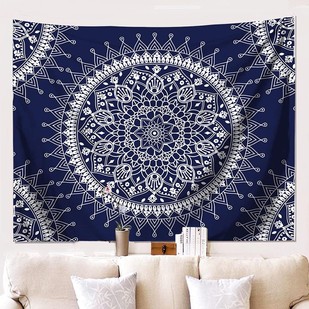Jewelry-Box Bohemian Psychedelic Colorful Mandala Tapestry Wall Decoration for Room (Dark Blue&White)(59.1 * 78.7 inches, 150 * 200 cm)